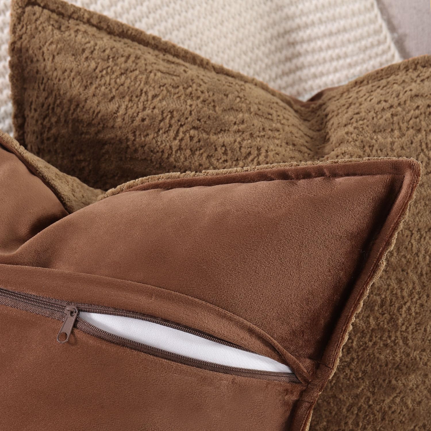 Madizz Pack of 2 Chenille Velvet Cushion Covers 40x40 cm Brown Soft Neutral Decorative Throw Pillow Covers Accent Boho Pillowcases for Couch Sofa Modern Farmhouse Home Decor - Image 3