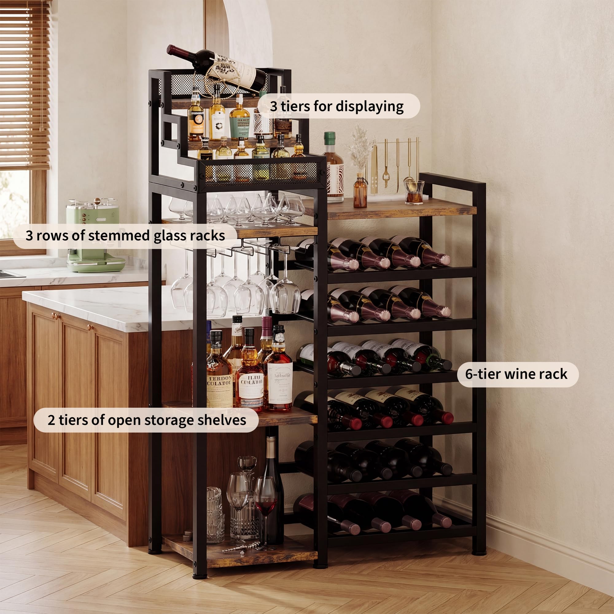 Feonase Kostenloser Standweinregal aus Metall für 24 Flaschen - Schwarzes Weinregal mit Bar, Glashalter, Offene Regale, Weinregal Aufbewahrung