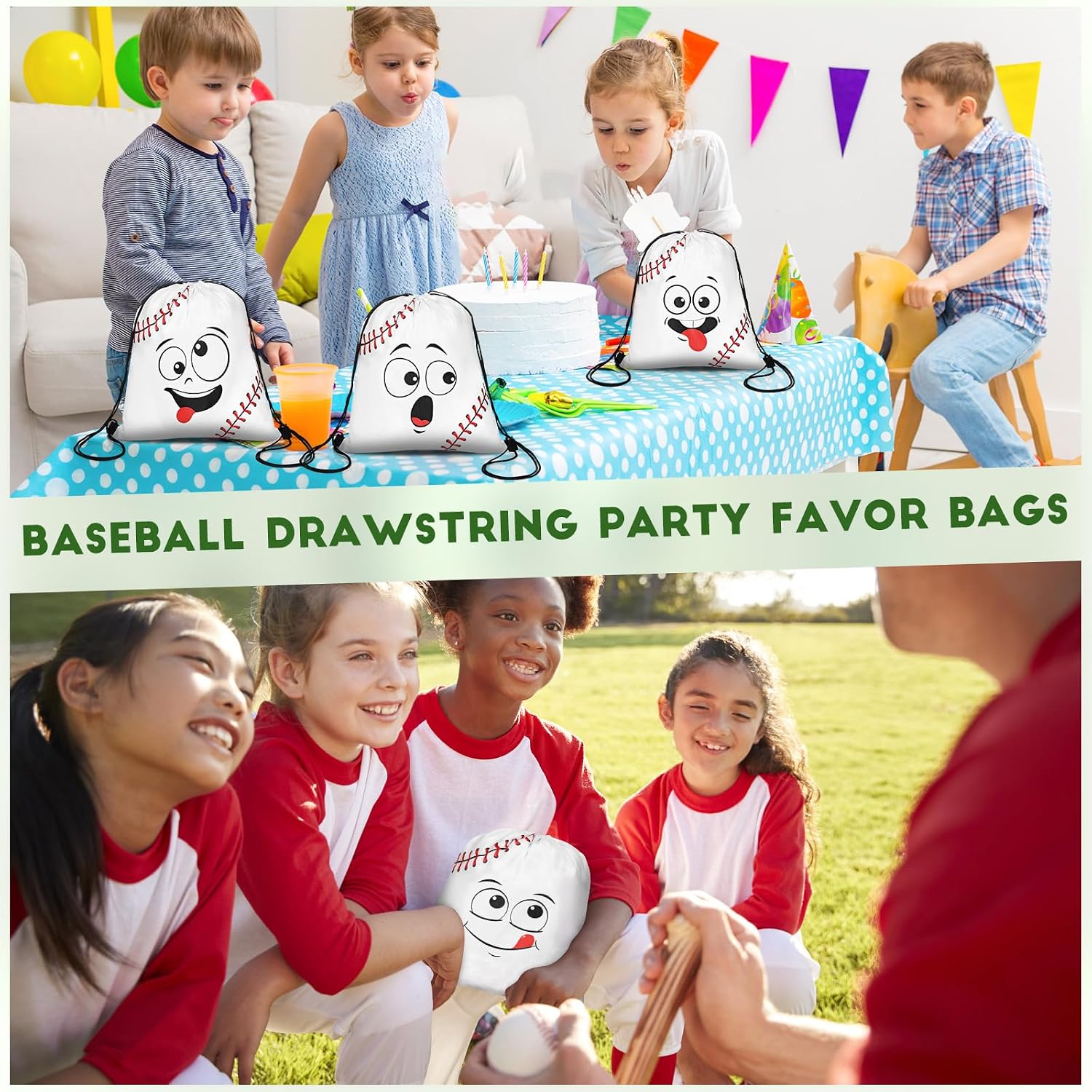 Sunnymove 12 Pcs Funny Sports Drawstring Bags Sports 15.8 x 13.3 Inch Drawstring String Backpack with Cute Expression Theme Party Goodie Favor Bags for Party Supplies Teams Gift(Baseball) image 5