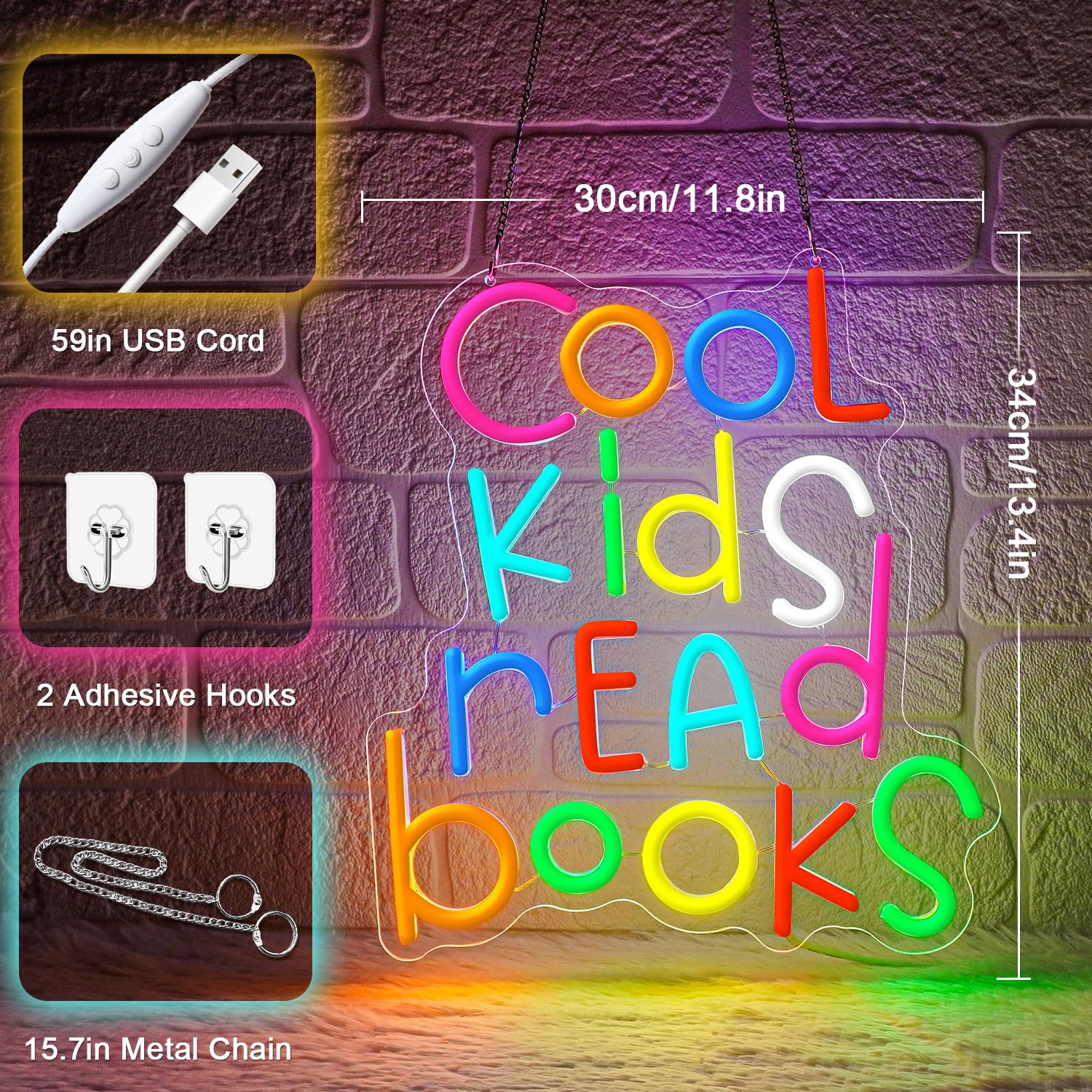 Lxmoneon Cool Kids Read Books Neon Sign Colourful Read Books Led Neon Signs for Kids Room Dimmable Book Neon Light Letter Neon Wall Sign for Bedroom Classroom Library Study Reading Room Gifts - Image 3