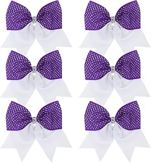 8 Inch Cheer Bows with Rhinestones, 2 Color Boutique Scrunchies, Cheerleader Ponytail Holder with Bling Hair Tie (Purple/White)