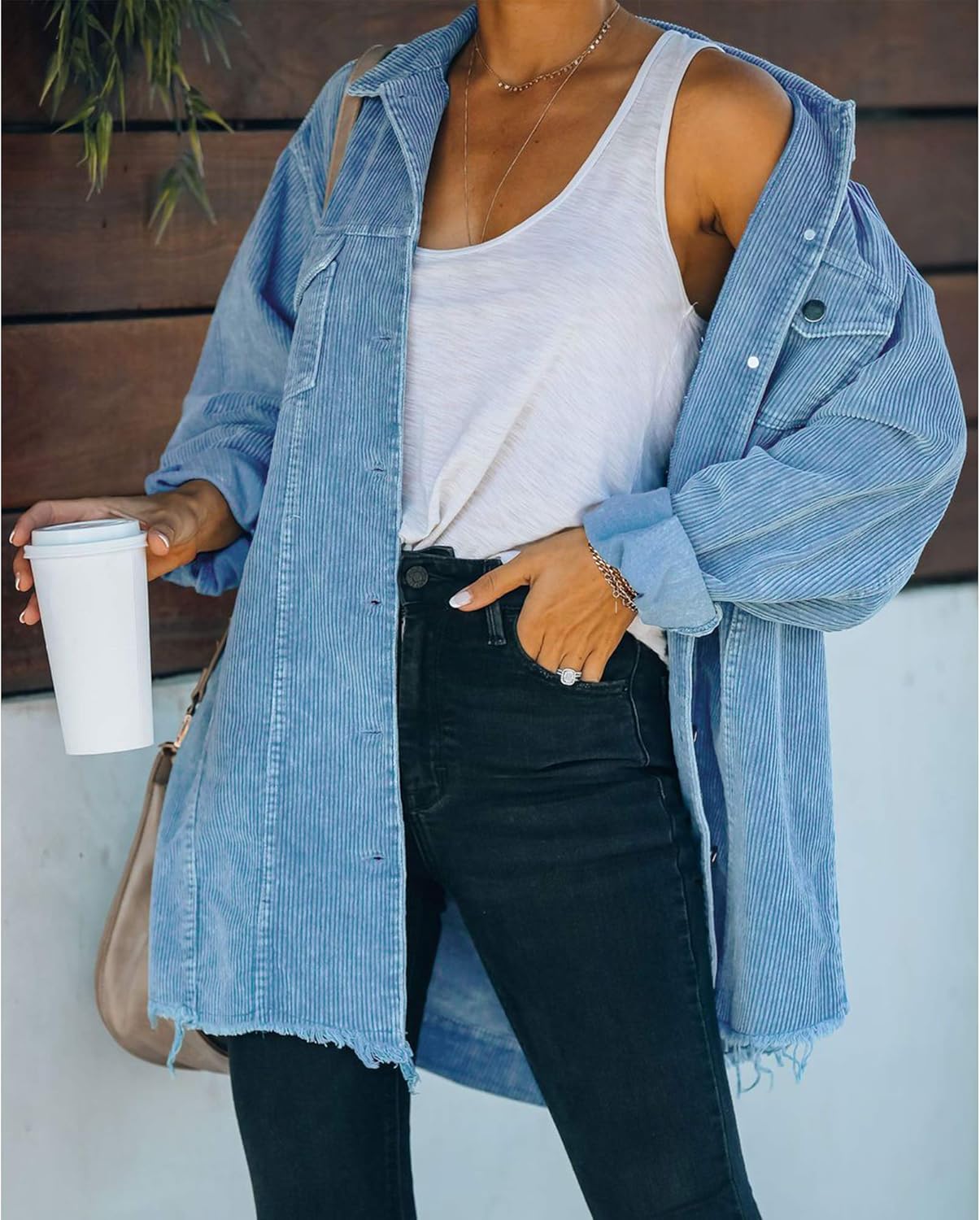 Hixiaohe Women's Casual Oversized Button Down Corduroy Shirt Jacket Coat Washed Retro Shacket - Image 2