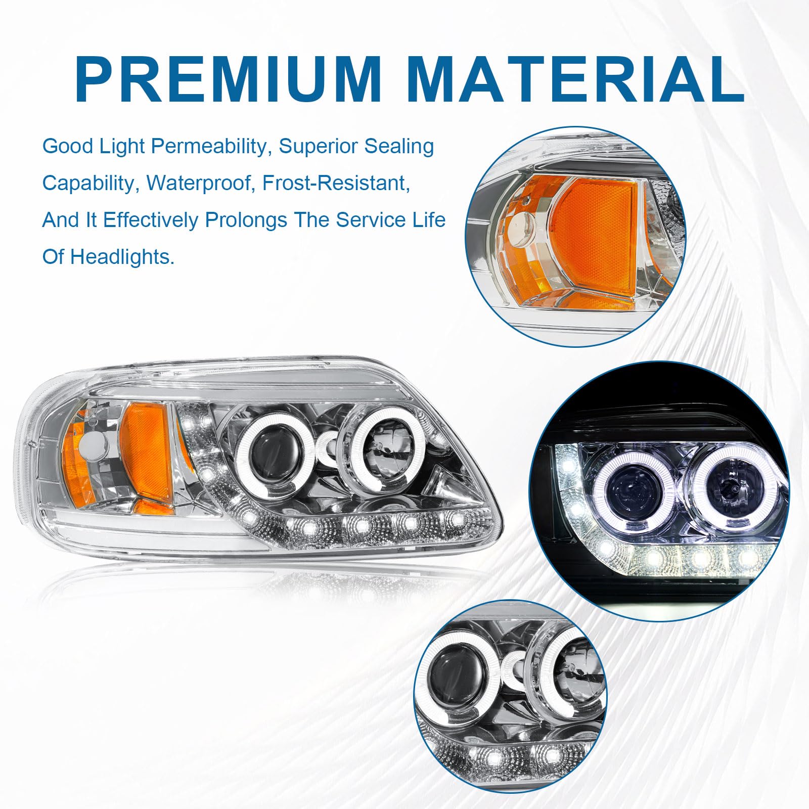 LED Headlights Compatible with 1997-2004 Ford F150 / 1997-1999 F250 / 1997-2002 Expedition Replacements Headlamp Amber Reflector Chrome Housing