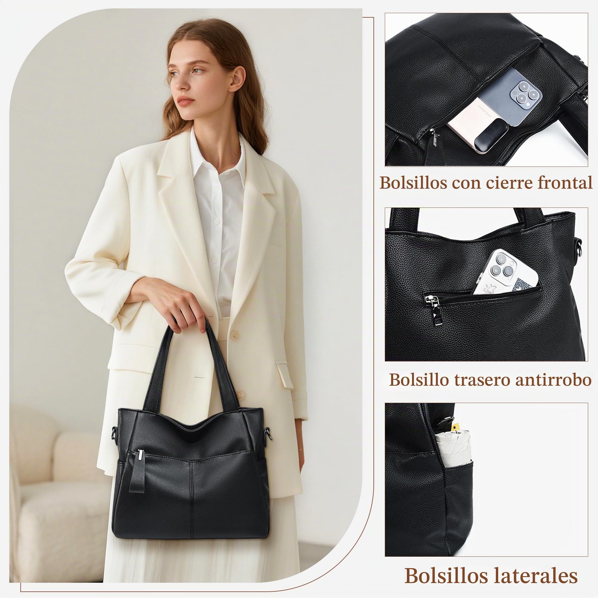 Bolso Mujer Mano Hombro Bandolera Mediano PU Shopper Tote
