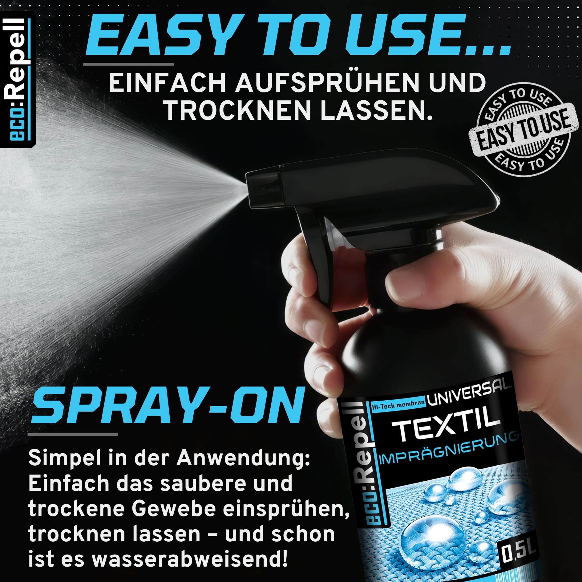 eco:Repell 5,5L UNI Zelt Pavillon Markise Textil Imprägnierspray - imprägnierung für Textilien wie Polster Möbel Sofa Cabrio Verdeck Autopolster PFC-Frei
