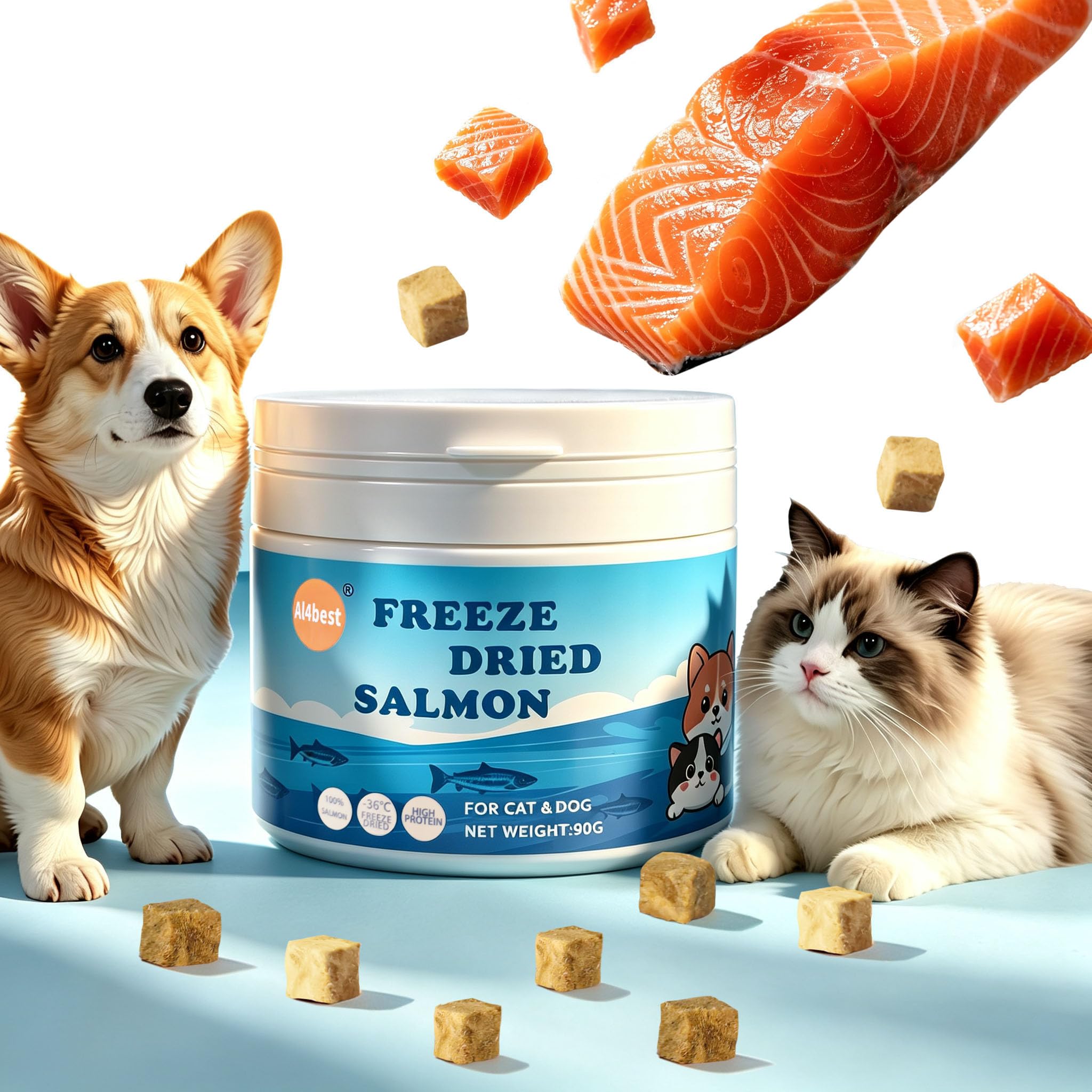 Freeze Dried Salmon Cat Treats Nibbles 90g Fresh Natural Grain Free Allergen-Free & Hypoallergenic Easy Digestion Nutritious Single Protein Training Cat, Kitten and Dog Snacks (Small-Sized Cube 10mm)
