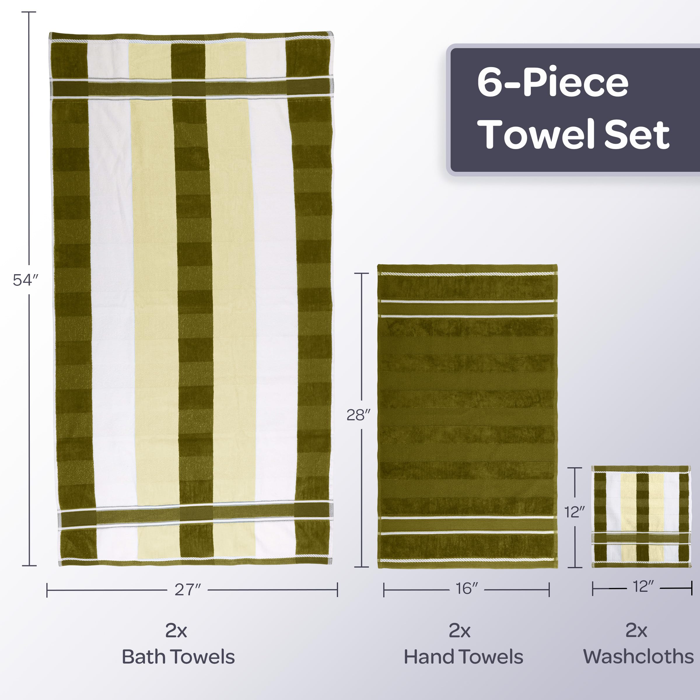 Lavish Home - Juego Completo de Toallas de baño de 6 Piezas, lujosas Toallas de algodón absorbentes sólidas y a Rayas, Juego de baño Lavable a máquina (Verde)