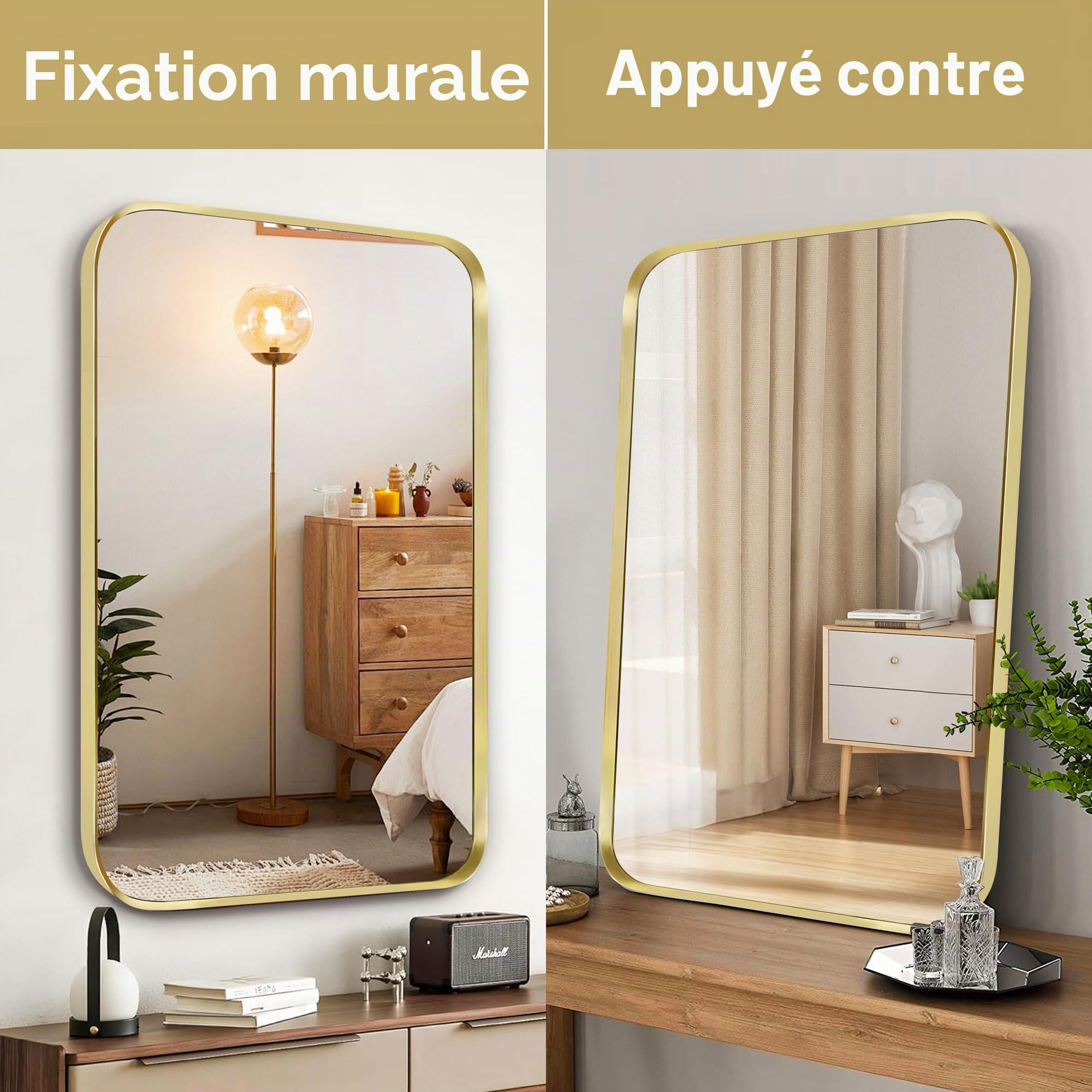 Miroir rectangulaire mural avec cadre en métal doré mat brossé avec coins arrondis, 30,5 x 40,6 cm, miroir de salle de bain pour salon ou chambre à coucher, vertical ou horizontal