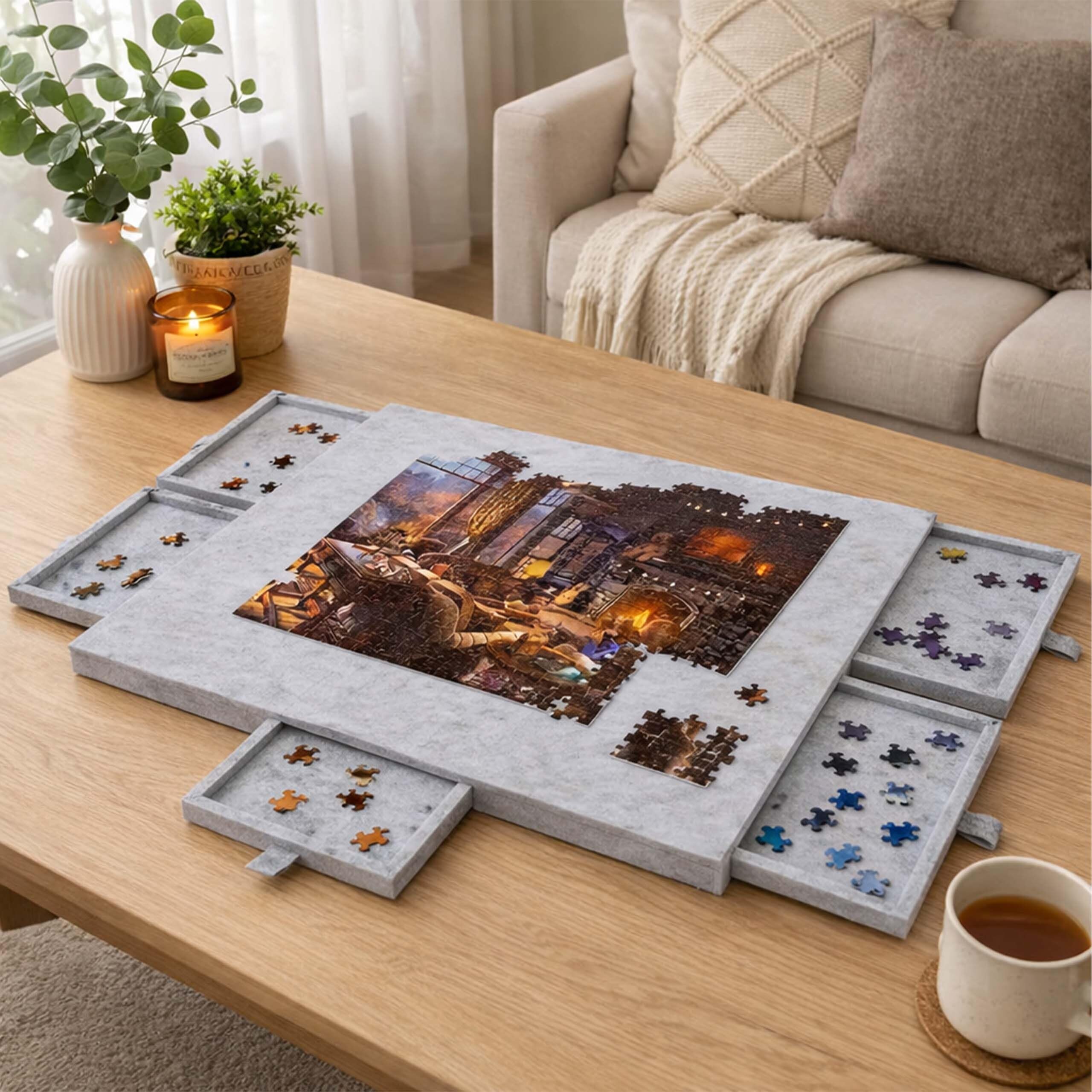 Relaxdays Plateau de puzzle 1 000 pièces, support inclinable, 6 tiroirs, feutre, housse, gris clair