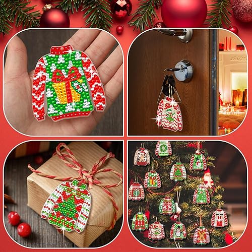 Miniatura 6 de BBTO 15 piezas de llavero de pintura de diamantes de Navidad, suéter feo 5D, adornos artísticos de diamantes de Navidad, kits de pintura de Navidad