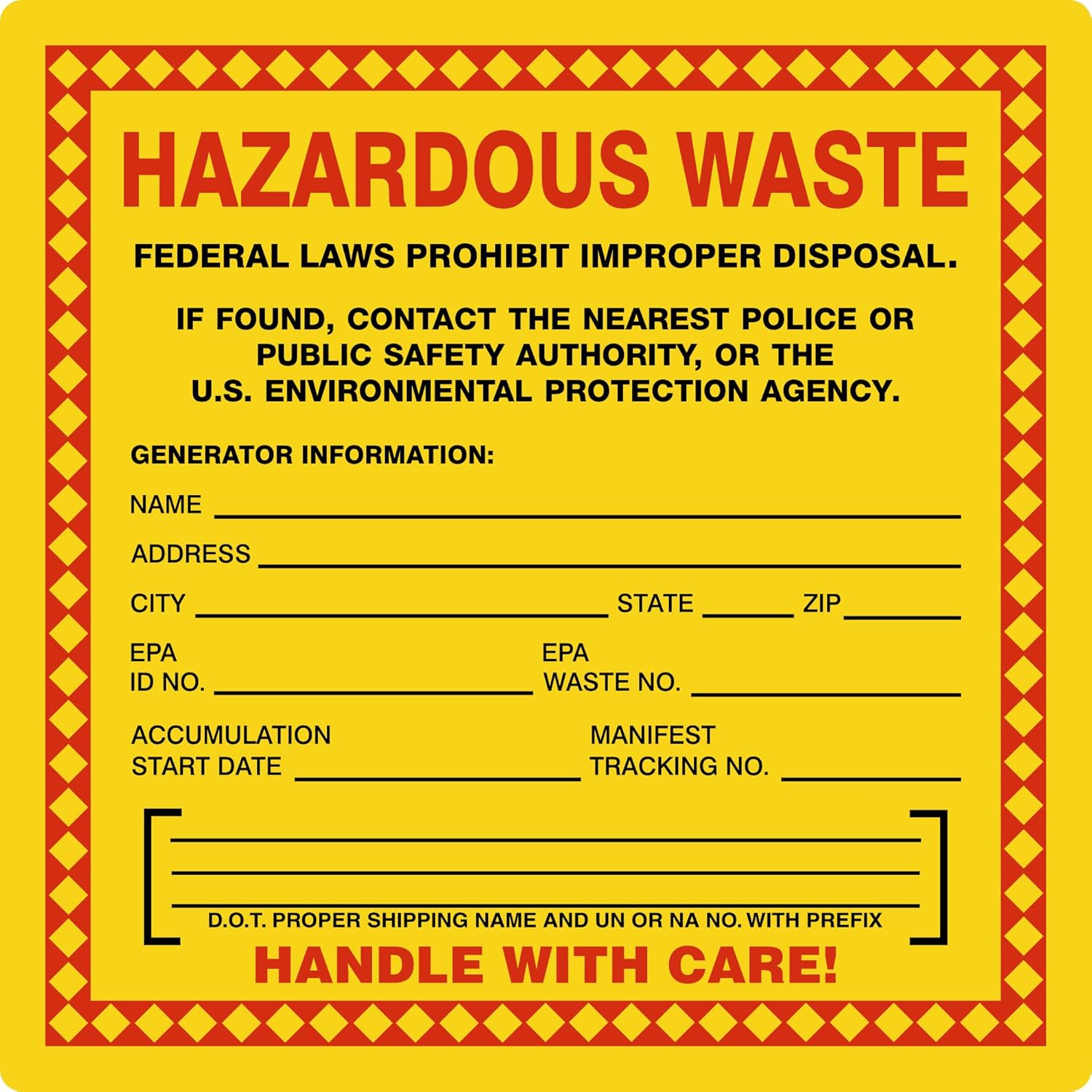 SmartSign (100/Pack) Hazardous Waste Accumulation Handle with Care Warning Labels, Federal Design, 6" x 6", 3.3 mil Matte Plastic, Drum and Barrel Acrylic Adhesive, Write-On, Red, Black and Yellow