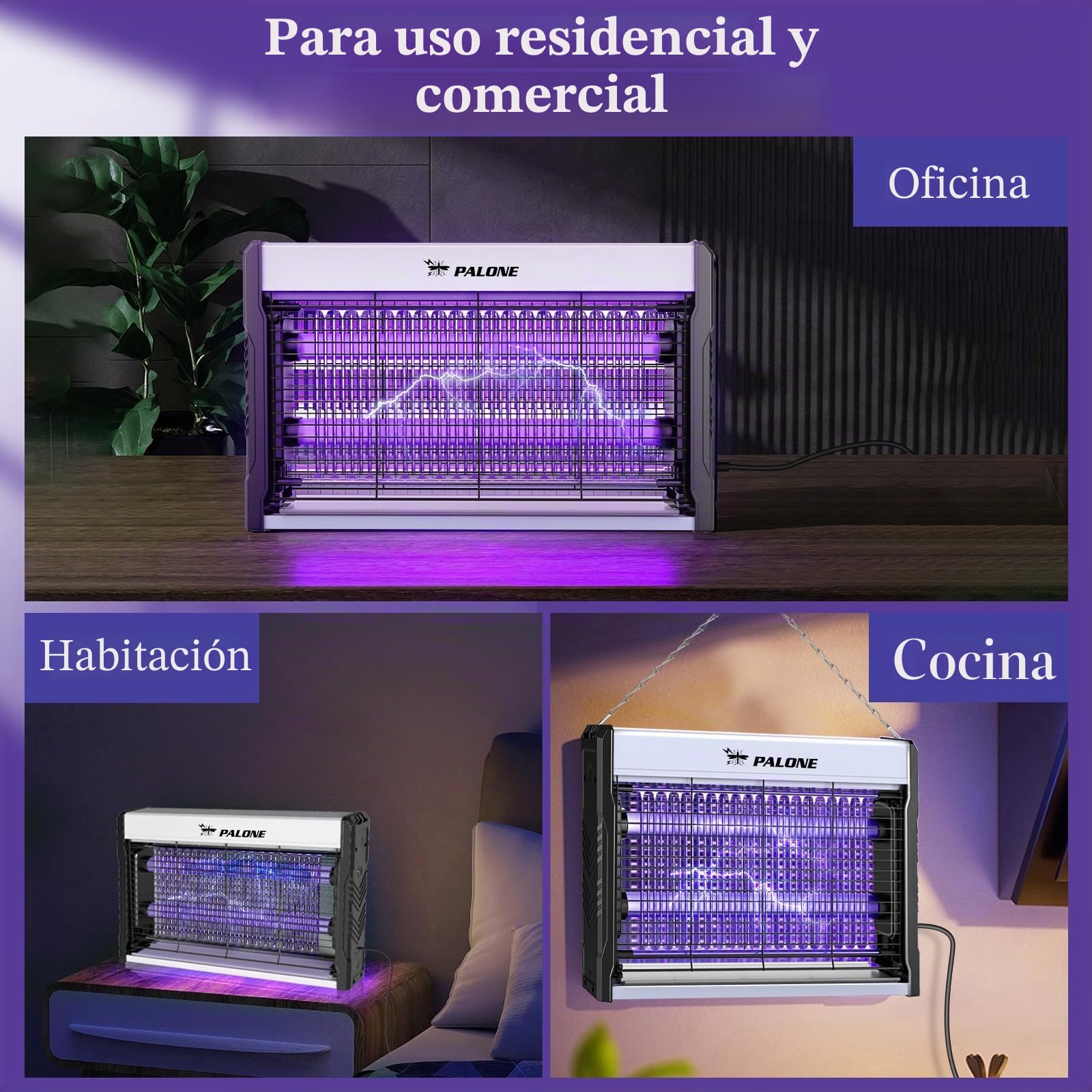 PALONE Lampara Antimosquitos 3200V, Mata Mosquitos Electrico 2UV LED de Pared con Cable, Eliminación Física de Mosquitos a Gran Escala, Antimosquitos para Moscas, Mosquitos y Otros Insectos