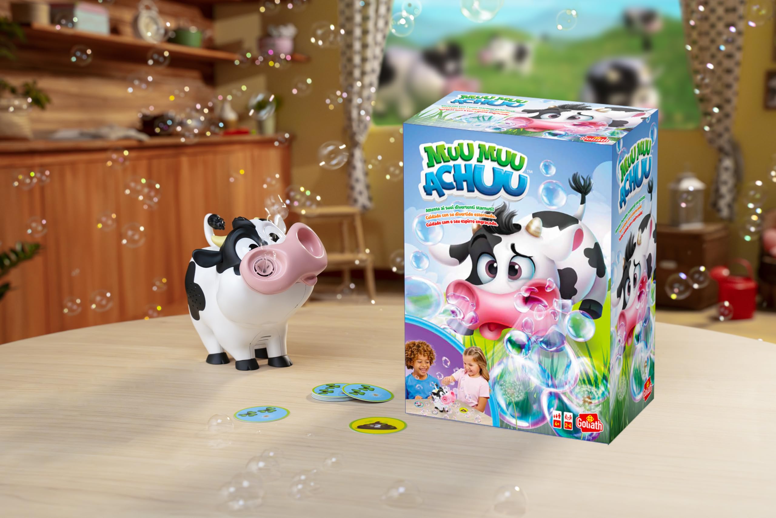 Goliath - MUU MUU ACHUU - Gioco in Scatola per Bambini dai 4 Ann - Mucca Simpatica che Fa Bolle con Suoni e Starnuto - Stimola i Riflessi - per 2-4 Giocatori - 20 Minuti, Versione Multilingue