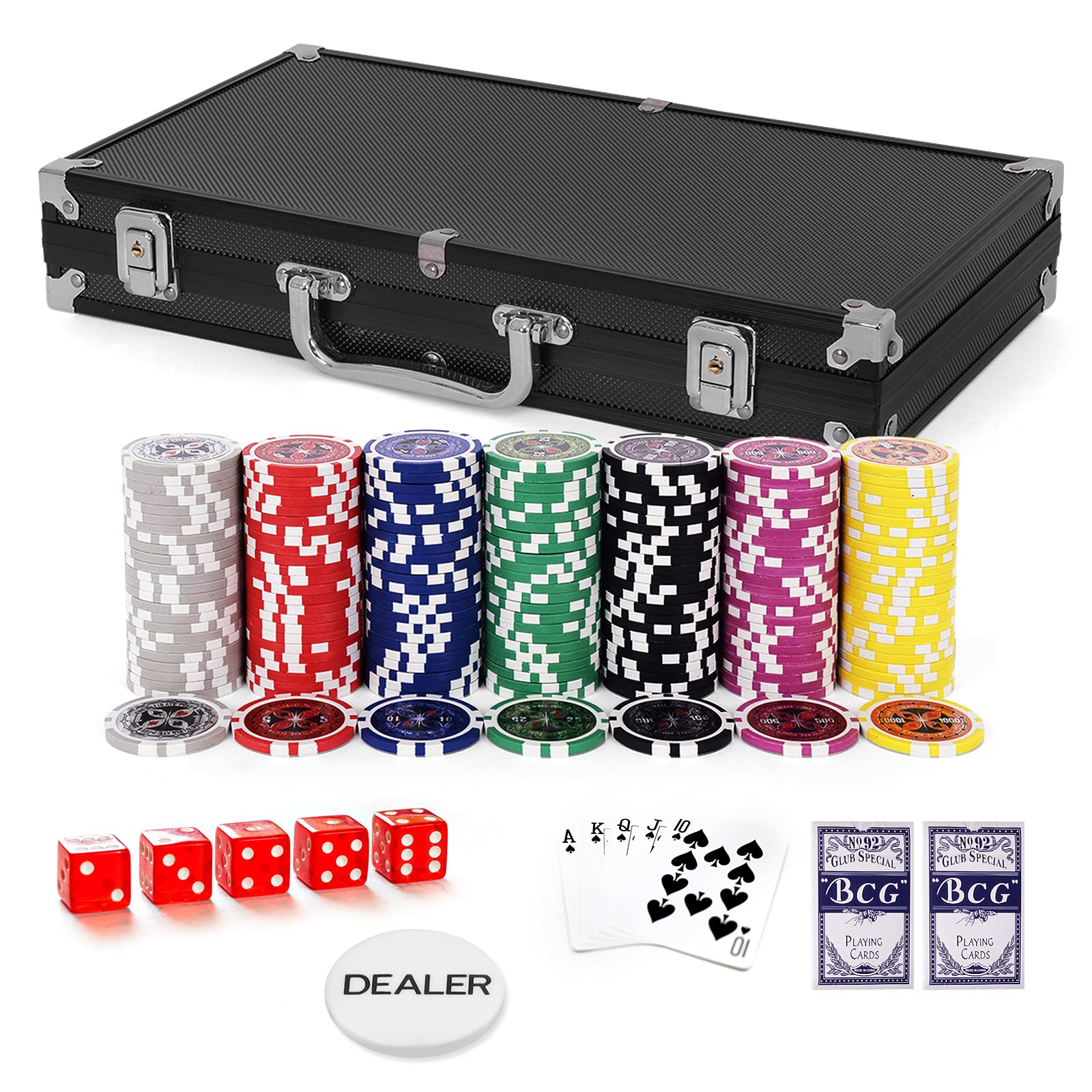 GOPLUS Mallette de Poker avec 300 Jetons, 2 Jeux de Cartes en Plastique, 5 Dés, 1 Bouton Dealer, Etui en Aluminium, Jeu de Casino Professionel Convient à la Famille et aux Amis (Noir)