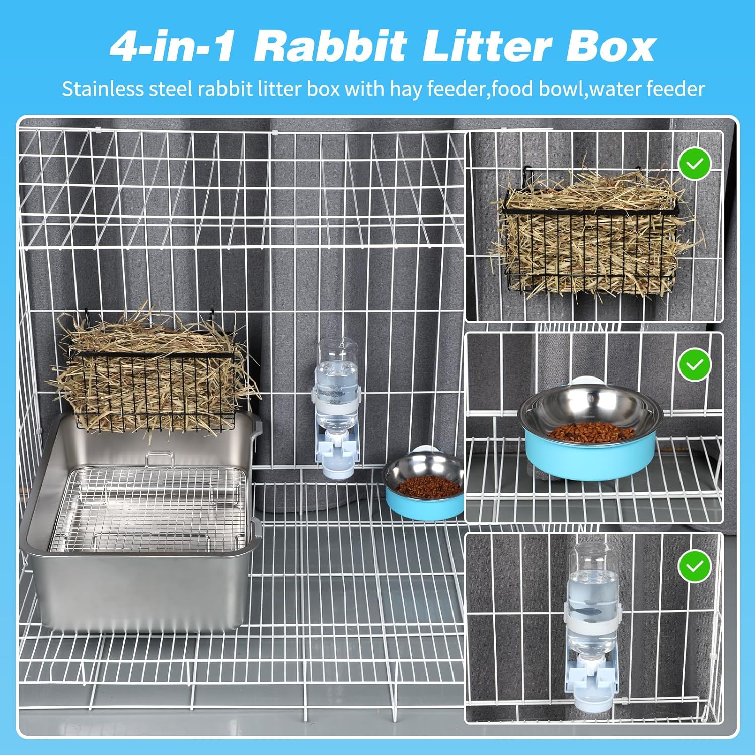 YUEPET 4-in-1 Large Rabbit Litter Box, Non-Slip Stainless Steel Litter Boxes with Sifting Grid & Hay Feeder Food Bowl, Easy Cleaning Bunny Litter Box with Odor Control for Rabbits Small Pets（L）