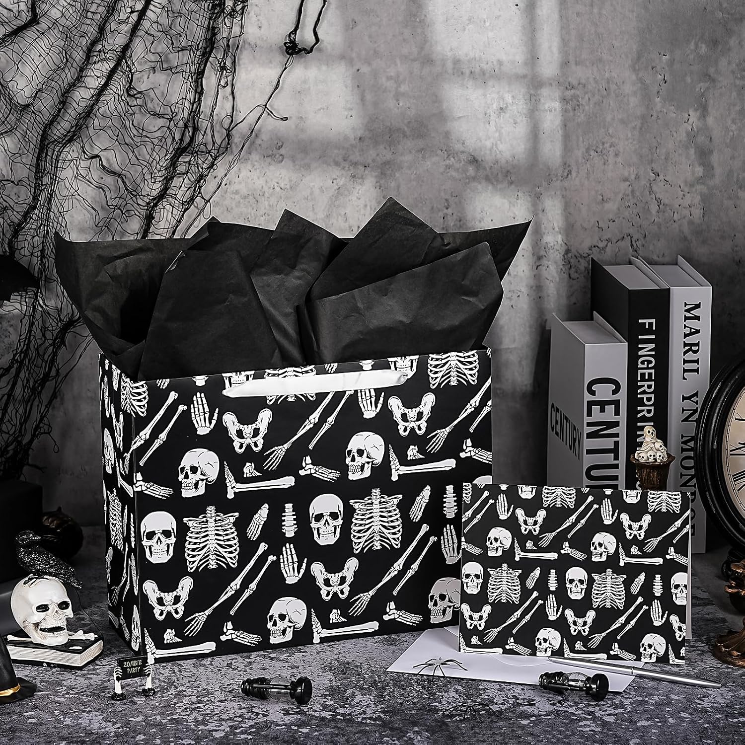 WRAPAHOLIC Skeleton Halloween Large Gift Bag with Tissue Paper and Card - 10 x 5 x 13 inch - Creepy Skeleton Hallloween Paper Bag for Holiday, Party Gift Wrap image 4