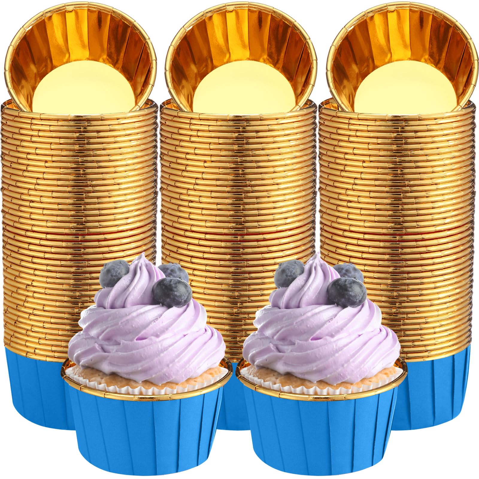 300 Pack Blue Gold Cupcake Liners Bulk Disposable Foil Muffin Cup