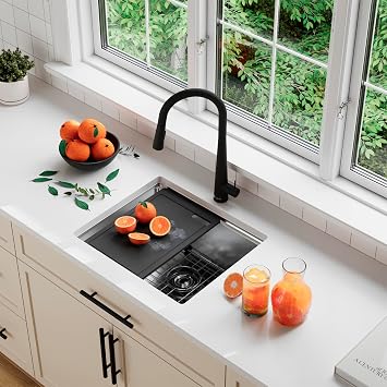 Stylish Stainless Steel Workstation Sink 22 x 19 Inch Undermount, 16-Gauge T-304, Brushed Finish, Deep Single Basin, Soundproof, cUPC Certified, with Black Cutting board, S-622WK
