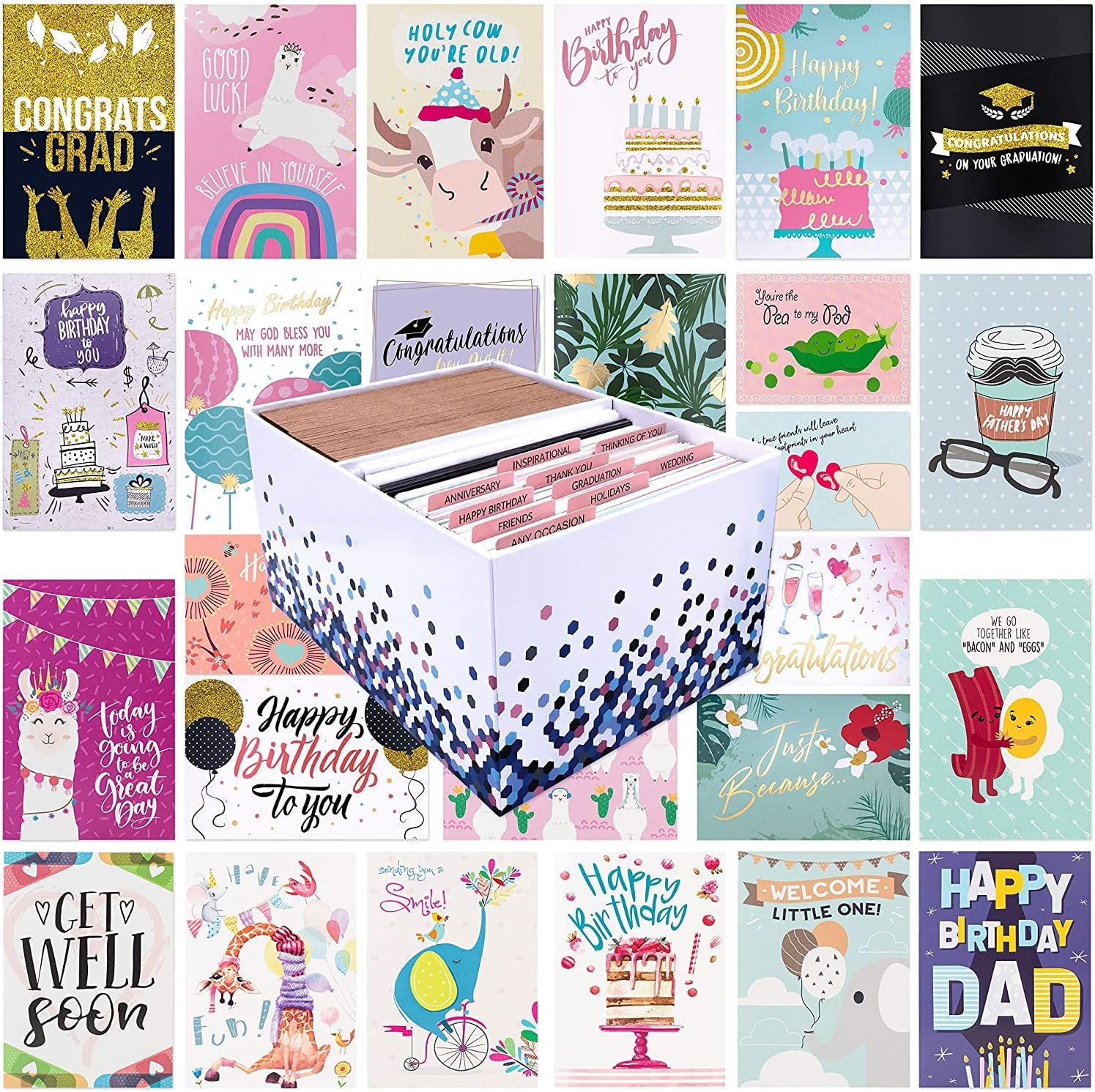 100 All Occasion Greeting Cards- 100 Eye Catching Designs with Greeting Card Organizer Box- Friendship, Anniversary, BFF, Thank You, Wedding Cards & More- 4 x 6 inches with 100 Envelopes
