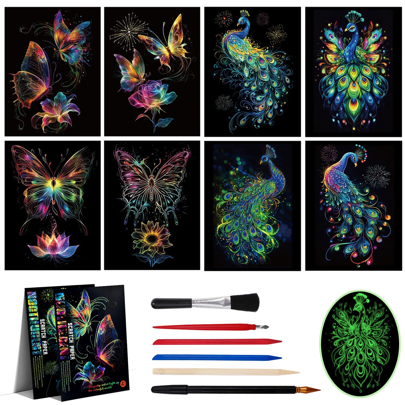 XIATIAN 8 Pièces Papier à Gratter Arc-en-Ciel Lumineux pour Adulte, Dessin, Peinture, Décoration