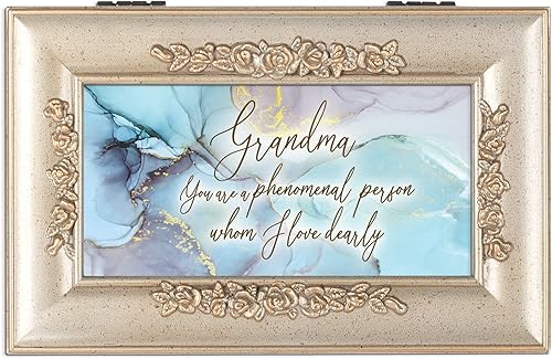 Miniatura 2 de Cottage Garden Caja de música pequeña con rosetón en relieve en tono plateado champán y texto en relieve de la abuela querida reproduce el mundo