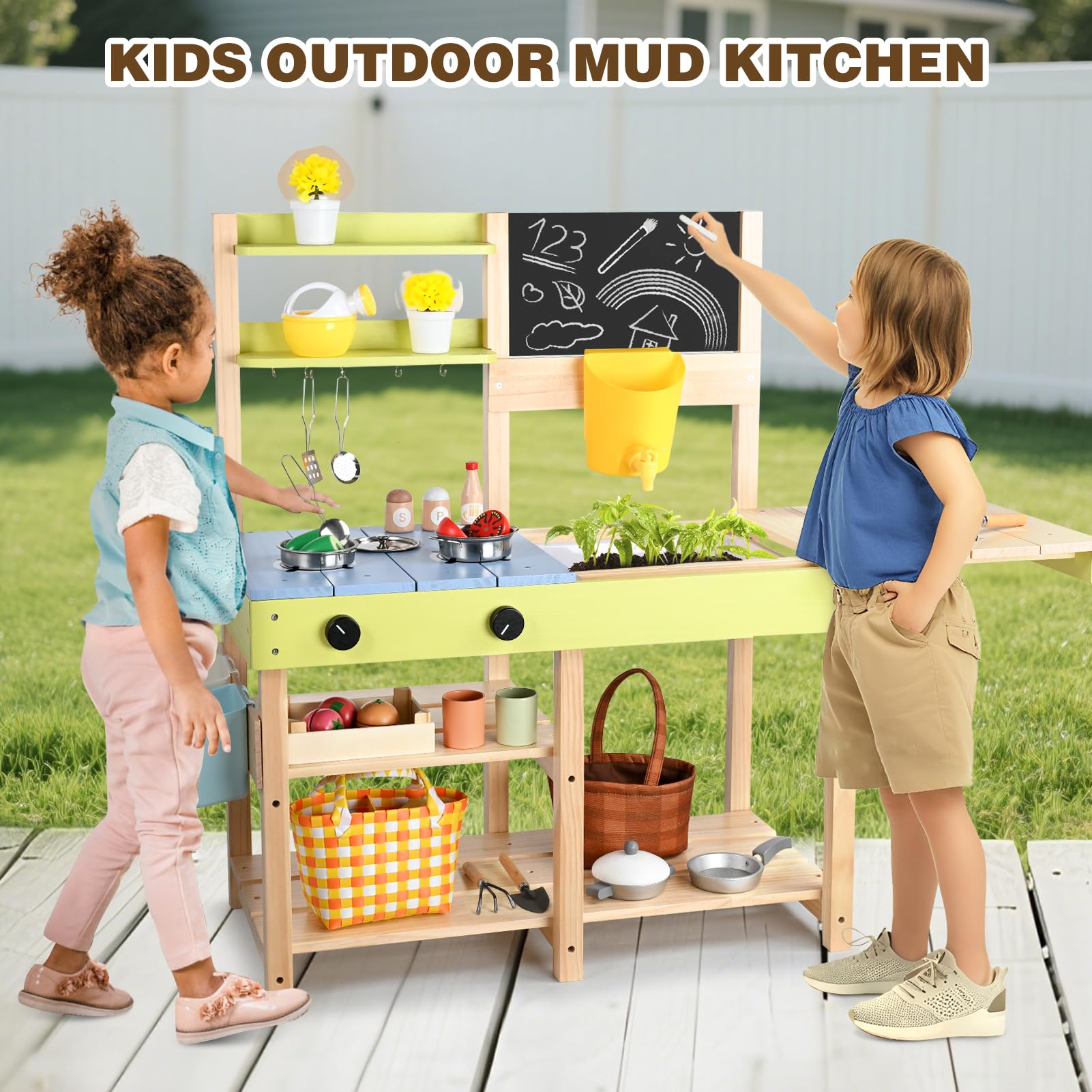 Dreamon Cocina de barro para niños al aire libre, juego de cocina de madera con fregadero extraíble, pizarra de tiza, juguete de jardín y accesorios de cocina de acero inoxidable, accesorios de cocina