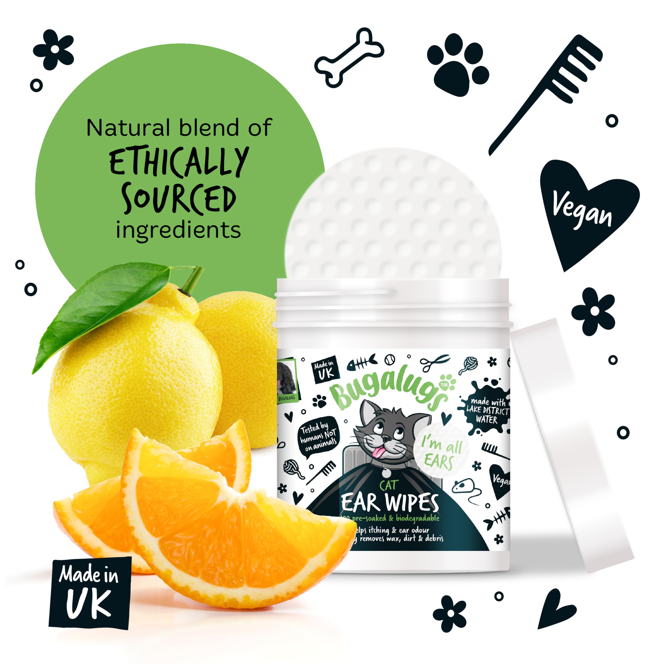 BUGALUGS - Toallitas Calmantes para Limpieza de Oídos de Gatos - 100 Unidades - Aloe Vera & Hamamelis - Control de Cera - Higiene Auricular - Alivio de Picor - Uso Diario - Fórmula Natural y Suave