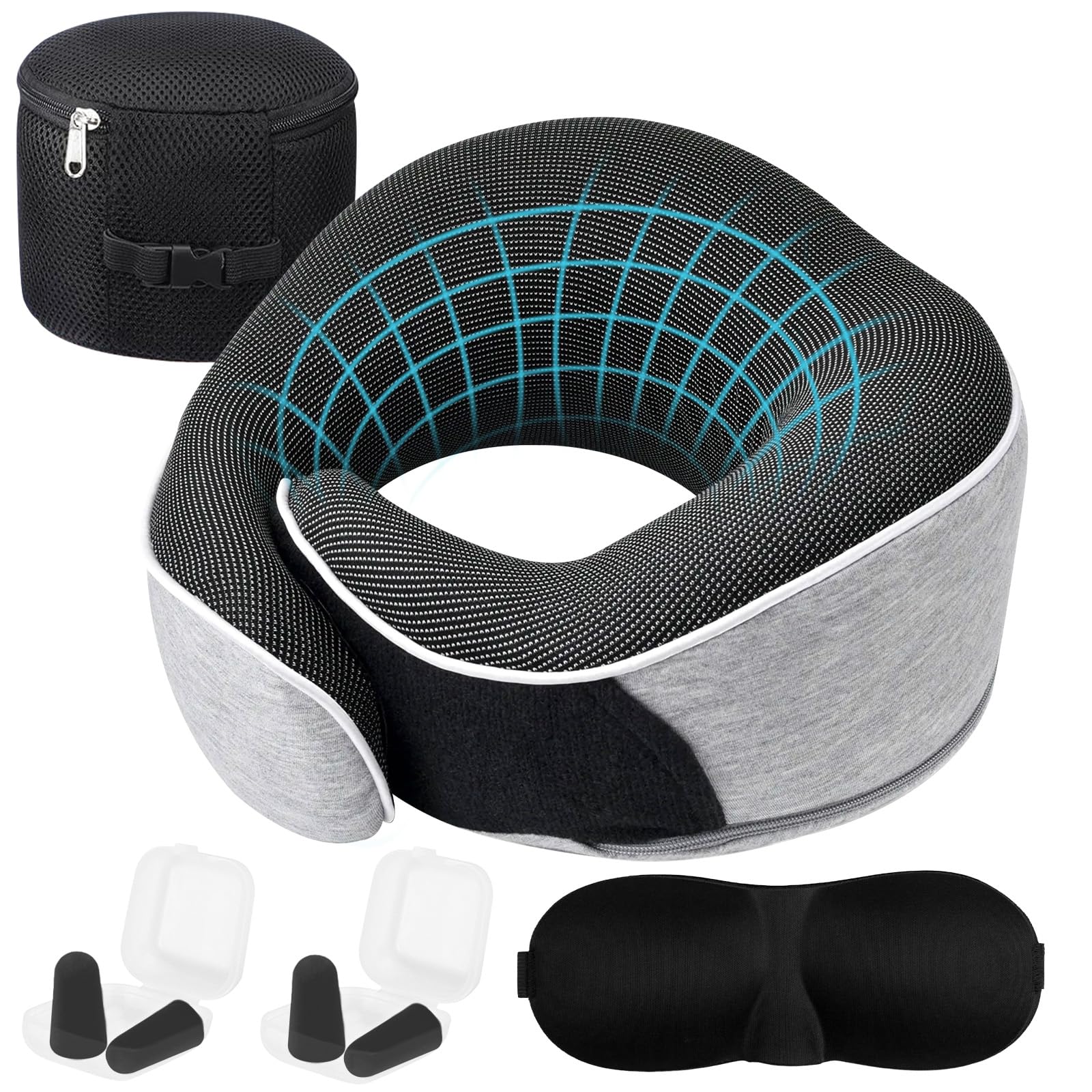 TEGOVE TEGOVE Almohada de Viaje para Cuello,Almohada de viaje para Avión,Almohada de 360 ​​°,Almohada de Viaje Viscoelástica de Espuma,con máscara para los Ojos,Tapones para los oídos y Bolsa de Almacenamien
