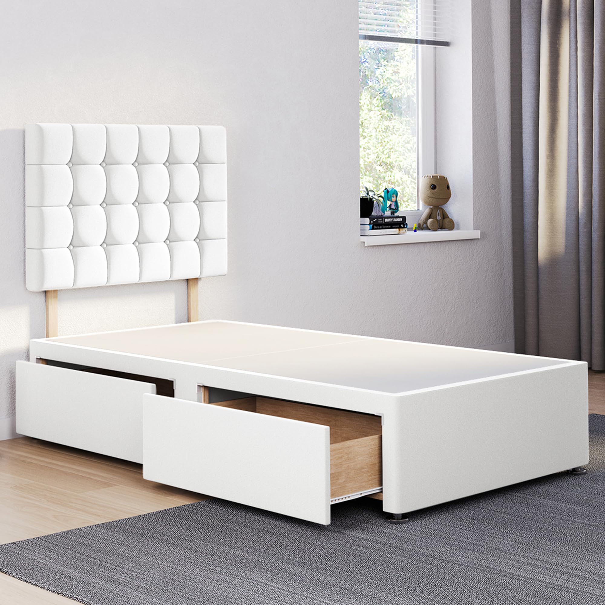 ComfoRest - Chic 3FT Single Divan Bed with 2 Drawers | 24" Cubex Headboard | Stylish Frame with Storage and a Durable Base for Modern Homes (White Plush) โ image 1