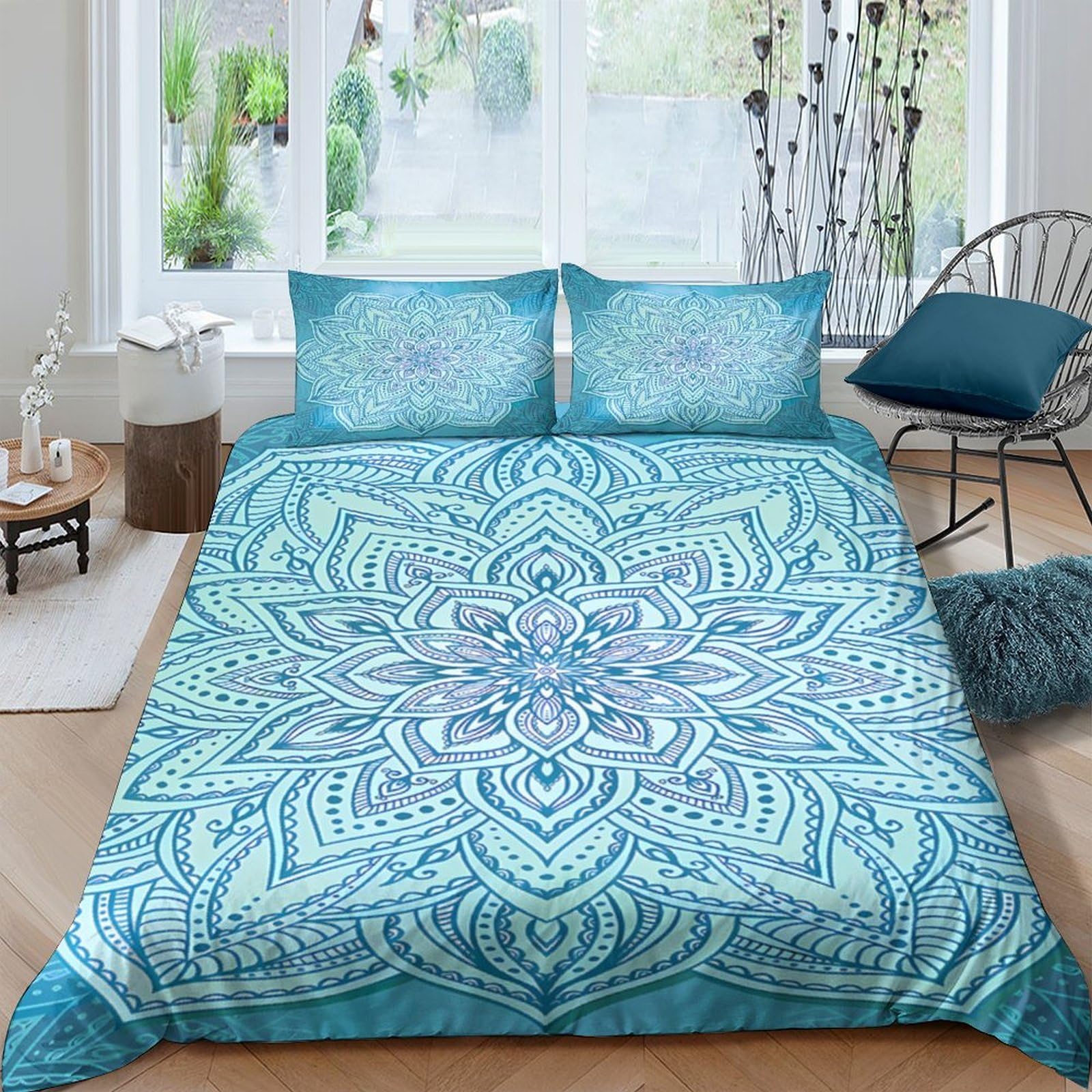 Ctjqhvkz Style-4 3D Printed Blue Mandala Fitted Sheet Microfiber Soft Decorative Turquoise Pattern Bed Cover For Bedroom Guest Room Dorm Single（135X200cm）