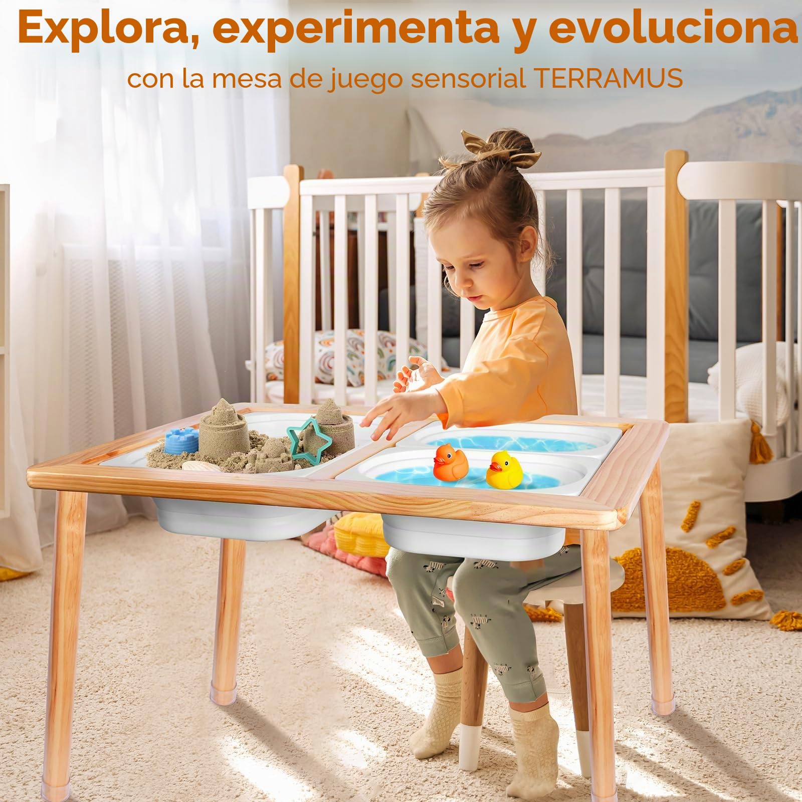 Mesa Sensorial de Madera con 3 Espacios para Juegos de Arena y Agua