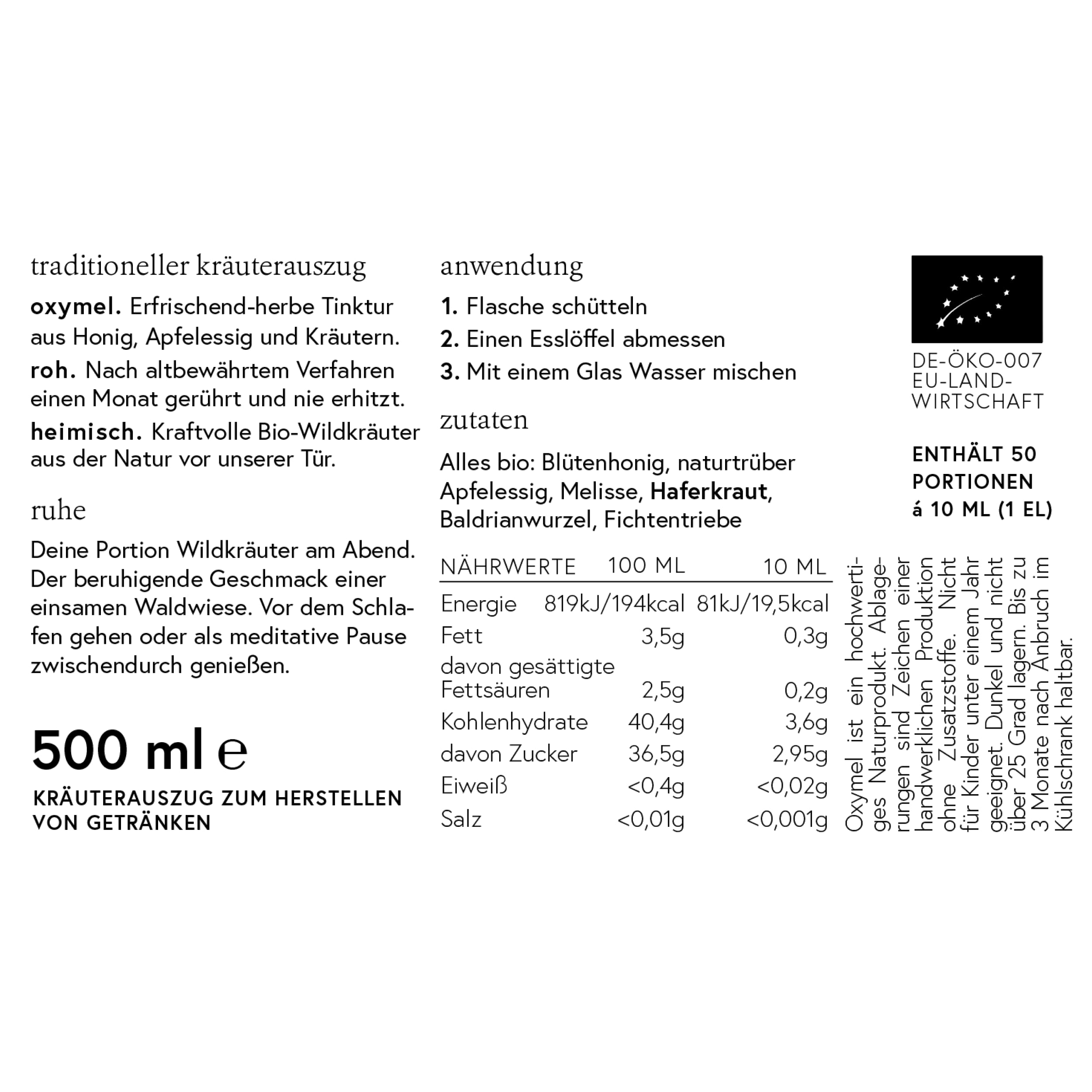 Kruut – Ruhe Kräuterauszug bio 500ml – Elixier aus Wildpflanzen Melisse, Baldrianwurzel, Haferkraut, Fichtentriebe – Oxymel Tinktur Kräuterdrink Sirup Kur Genuss zum Einschlafen & Entspannung am Abend