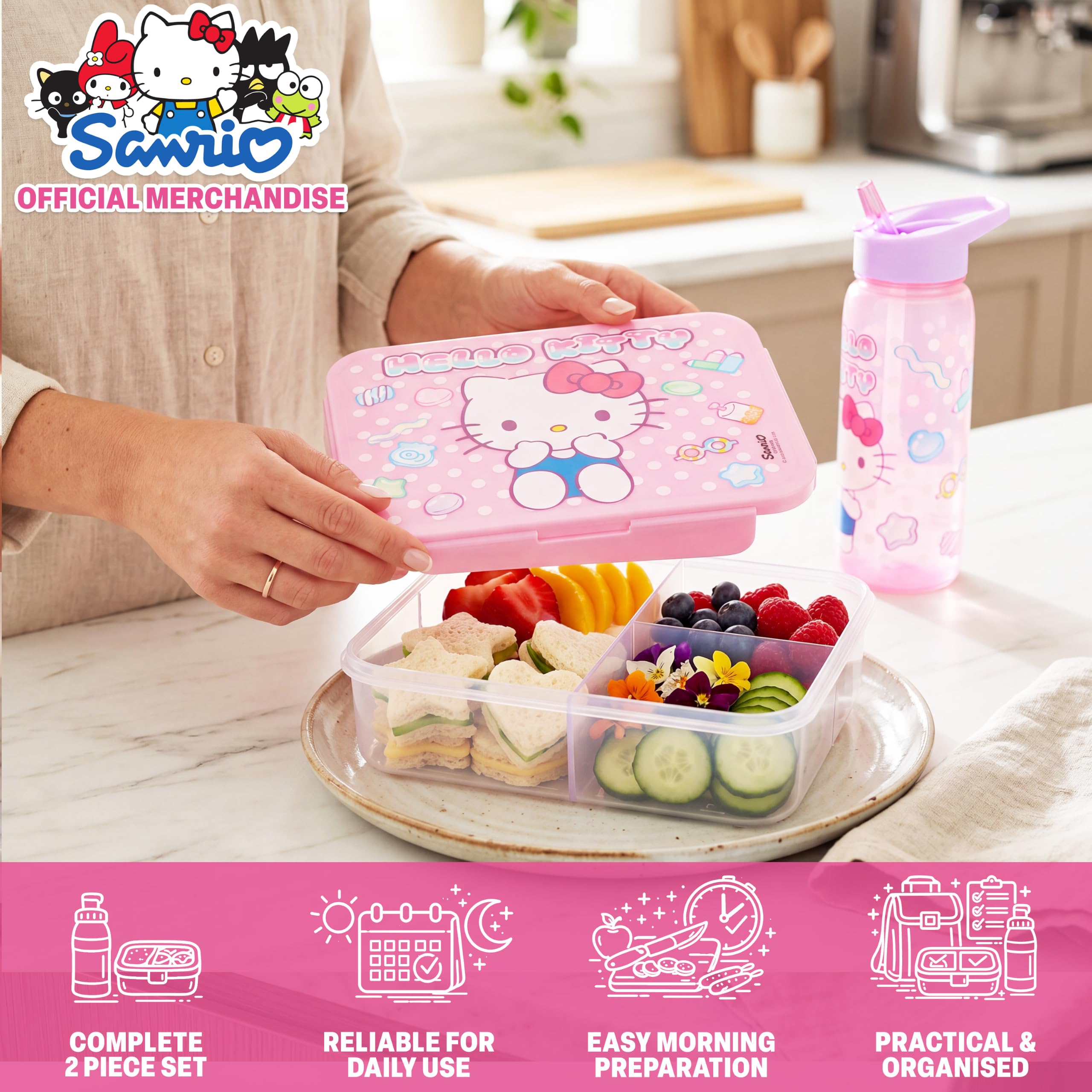 Get Trend Hello Kitty Set Boite Repas et Gourde Enfant Fille, Lave Vaisselle et Micro-ondes Sûre Bento Lunch Box Compartiments et Sans BPA Gourde avec Paille, École ou Pique Nique (Rose Hello Kitty)
