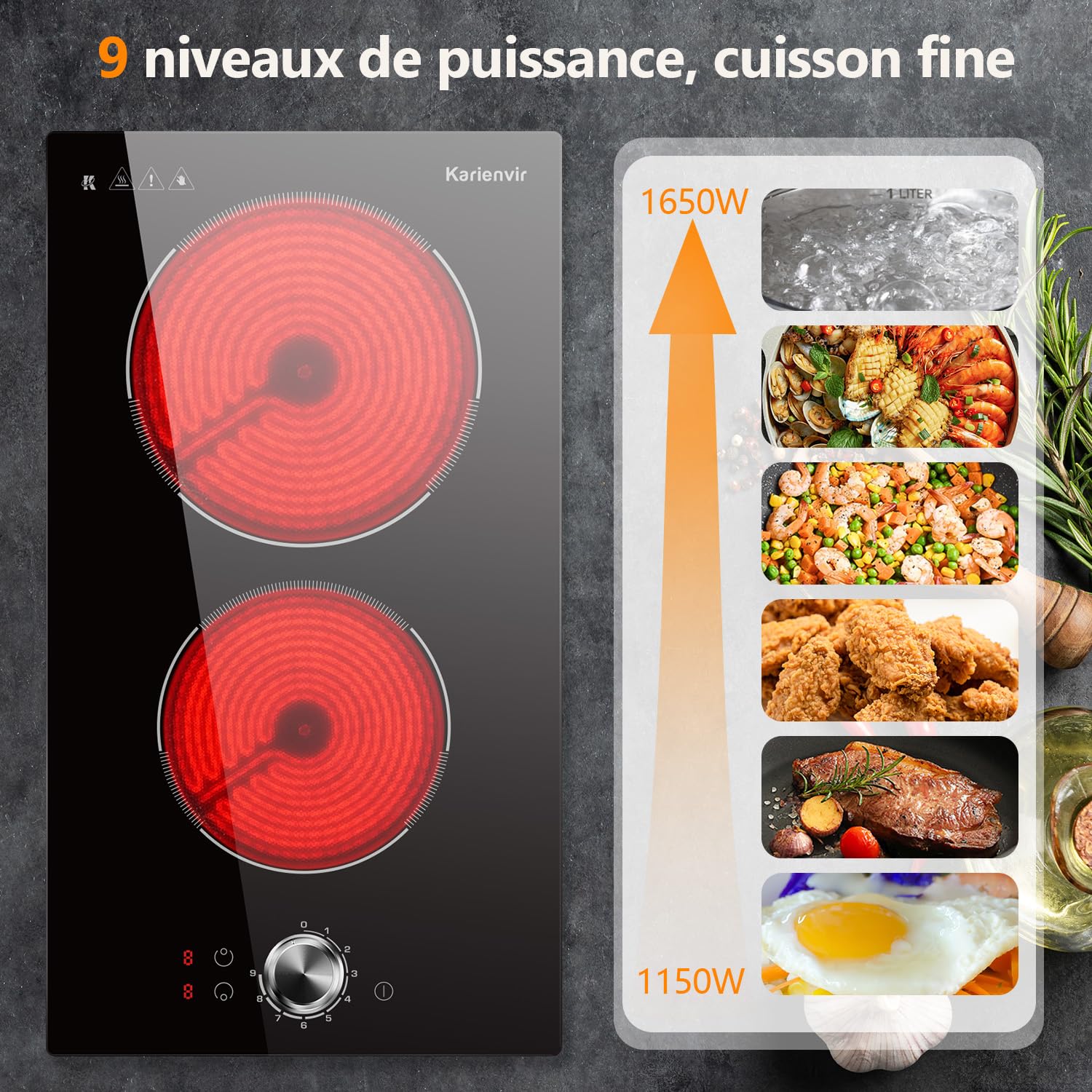 Plaque Vitrocéramique 2 Feux avec Boutons, Table de Cuisson Deux Foyers avec Prise, Zone d'expansion, 9 Niveaux de Puissance, 2800W, 30cm
