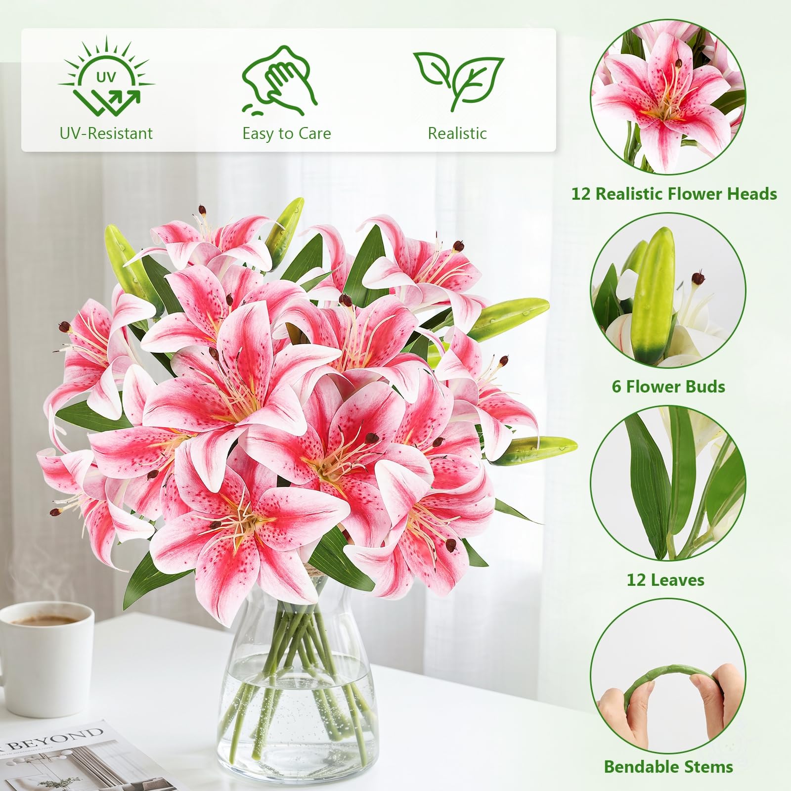 TYL&TYS 6PCS Artificial Lilies Flower Set, 3D Printing Realistic Fake Lilies with 12 Heads and 6 Buds - Image 3