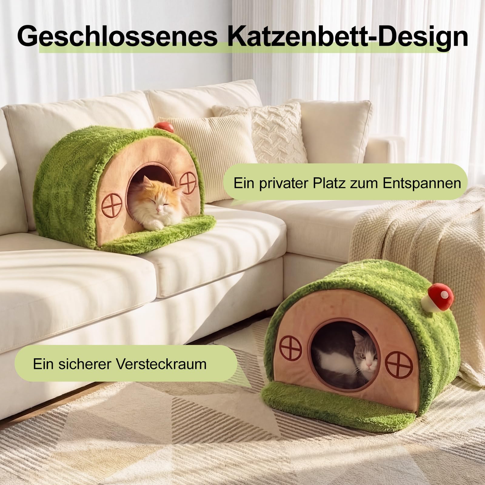 Baumhöhle Katzenbett, Katzenhöhle Indoor mit Pilzglocke | Katzenhaus mit Geborgenheit, waschbares Samtkissen, rutschfester Boden, stabil & schnell aufgebaut, für Katzen bis 6 kg