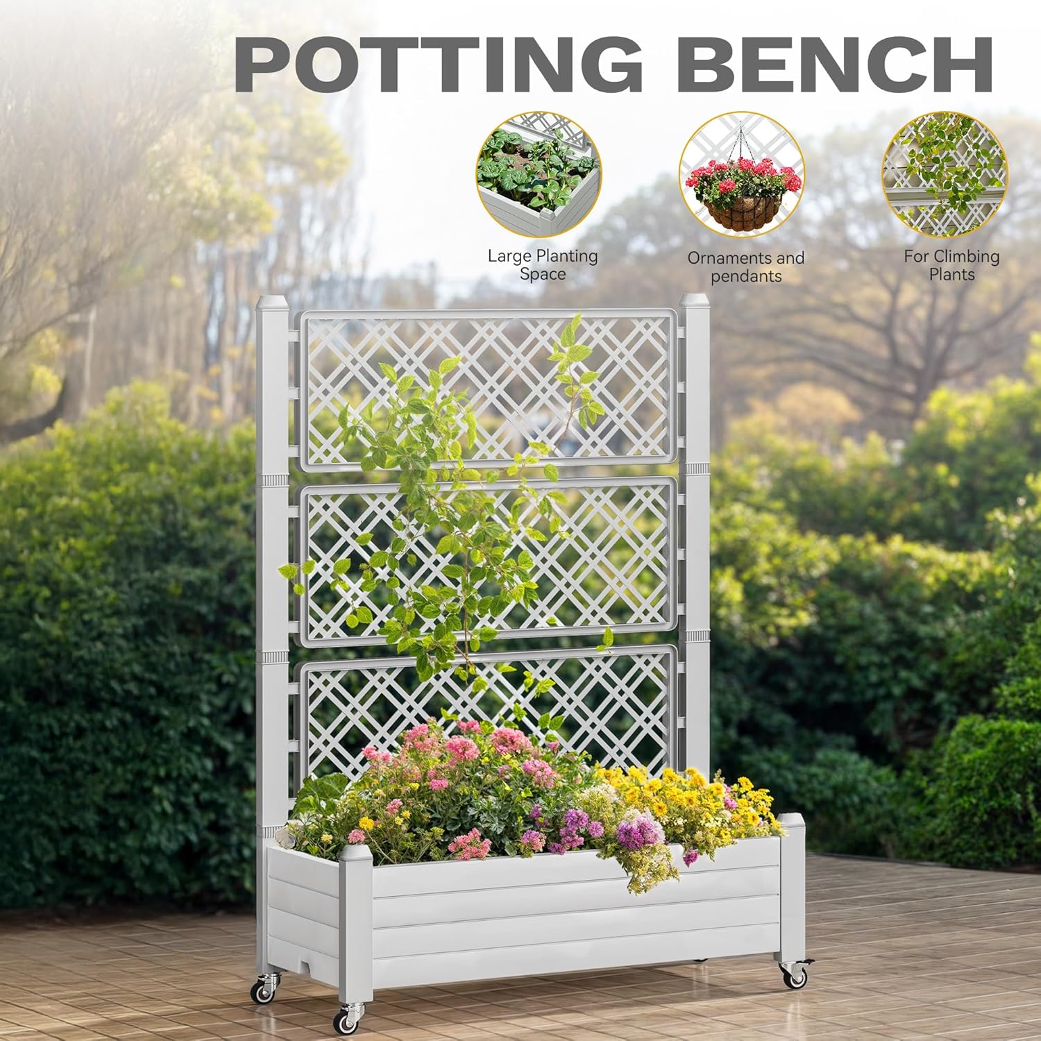 DWVO 3.6 x 1.5 x 5 FT Raised Garden Bed with Trellis, Large Outdoor Planter Trellis Box with Drainage Holes and Wheels for Climbing Plants, Grayish-White