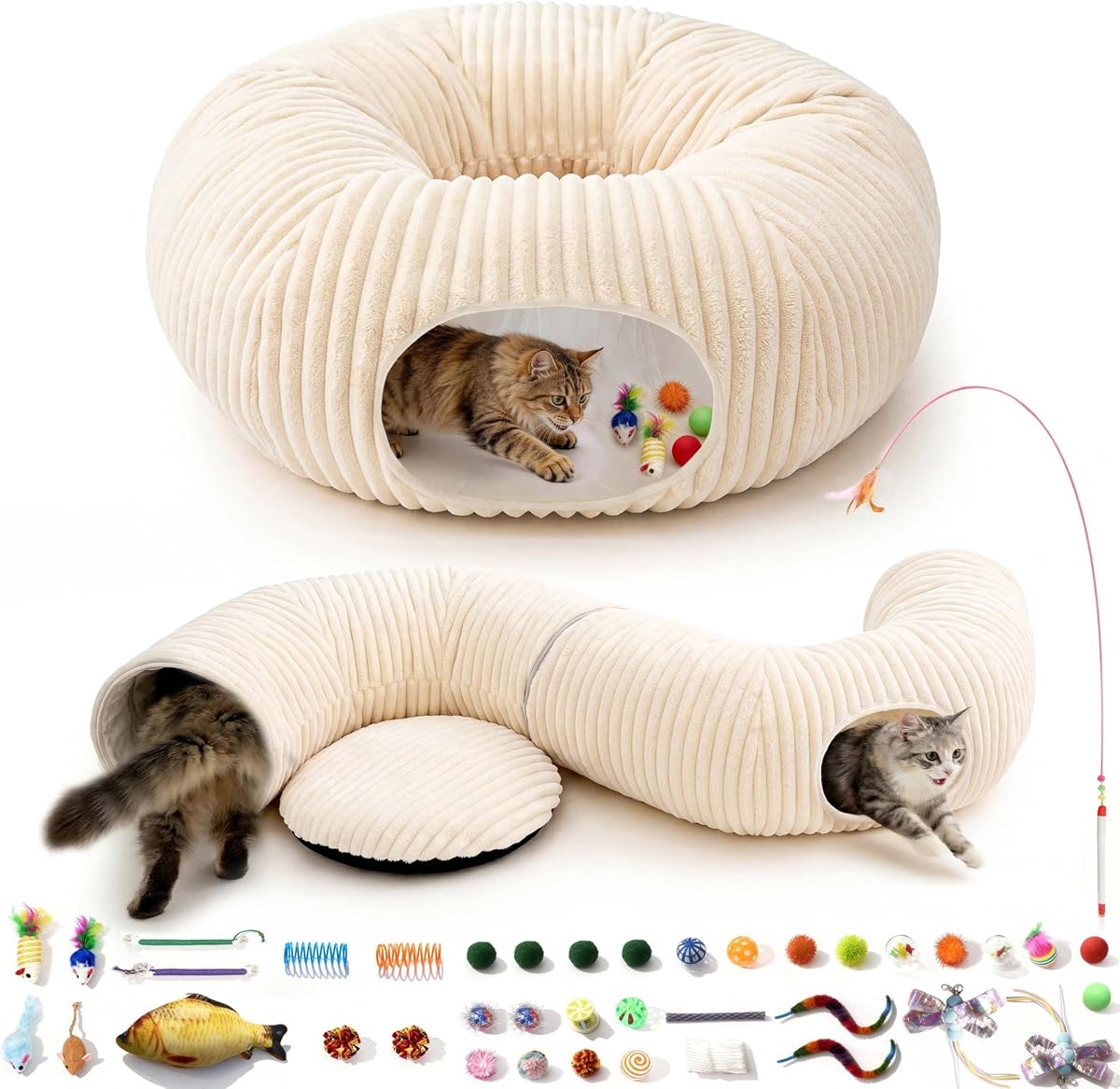 Cat Tunnel Bed with 40 Pcs Interactive Cat Toys, White