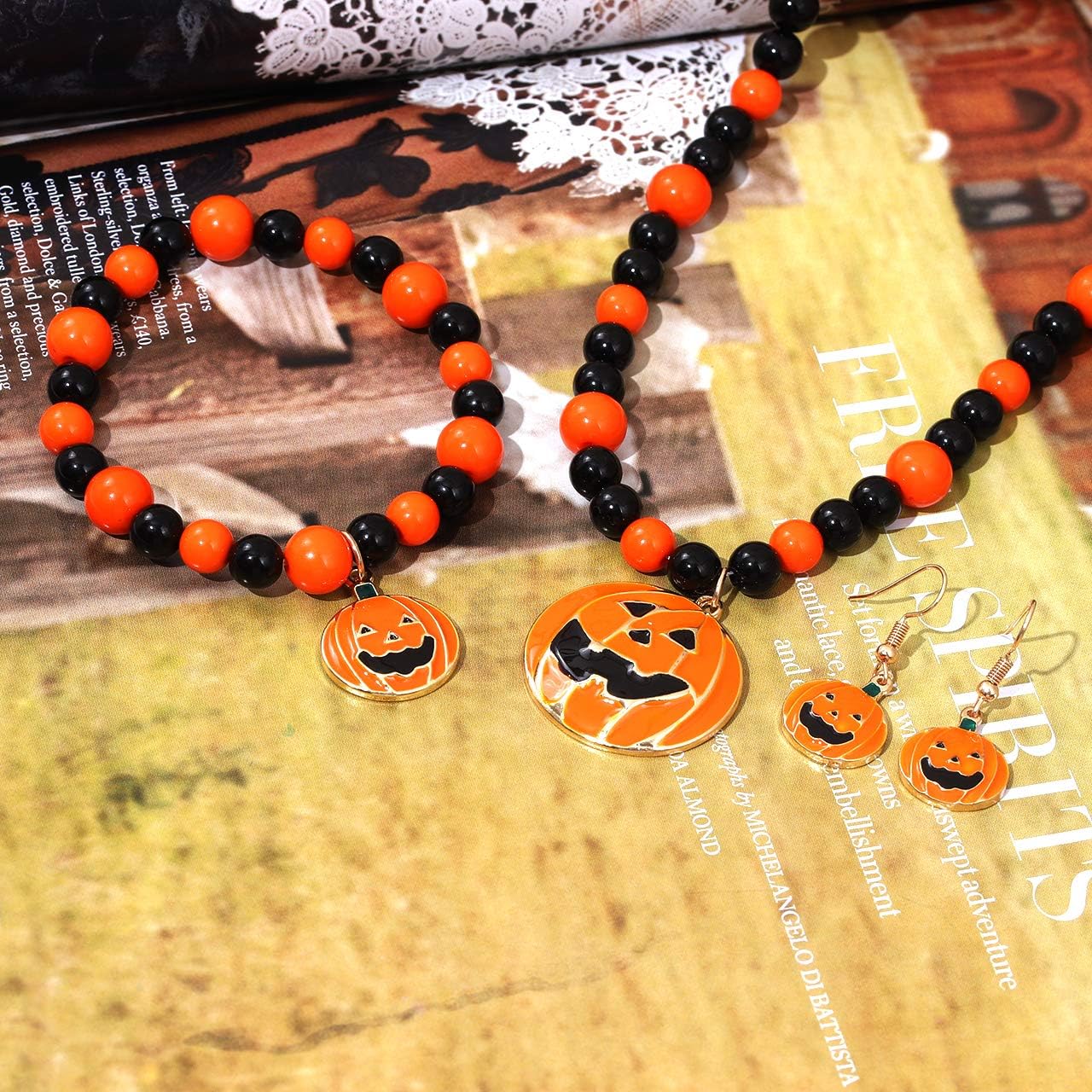 boderier Halloween Beaded Choker Pumpkin Pendant Necklace with Pumpkin Drop Earrings Bracelet Sets Jewelry - Image 3