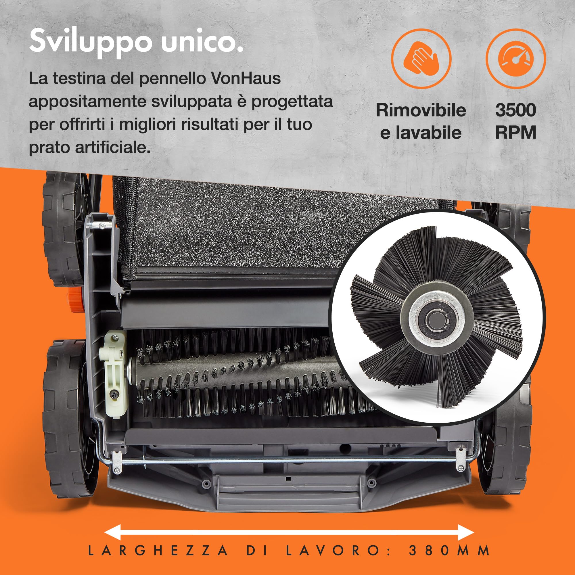 VonHaus Spazzolatrice per Erba Sintetica Elettrica, Spazzatrice Prato Sintetico, con Sacca di Raccolta, 5 Altezze Regolabili, Larghezza di Lavoro 330-380mm, Manico Pieghevole (Servizio Pesante)