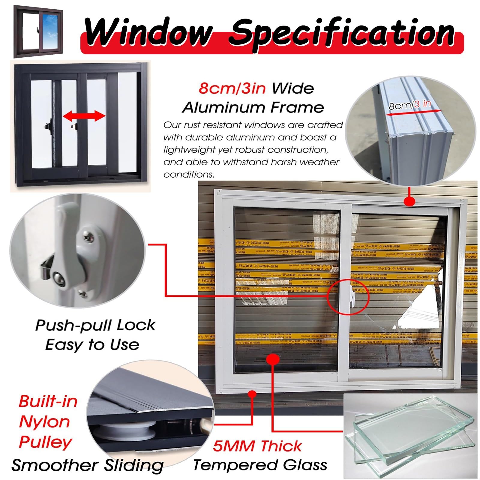 Ventana corrediza horizontal de aluminio blanco de 25 x 18 pulgadas para cobertizos, gallineros, sótanos, eficiencia energética, fácil instalación