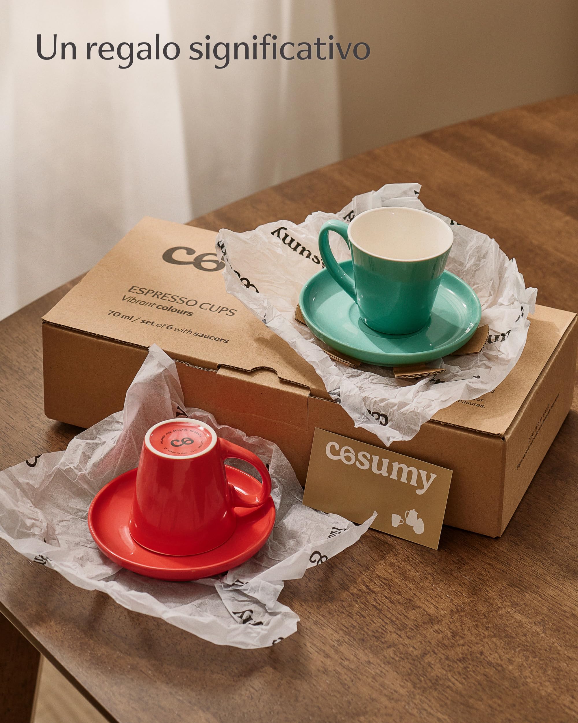 Set di 6 Tazzine Caffè Colorate in Ceramica 70ml Lavabili in Lavastoviglie con Scatola Regalo