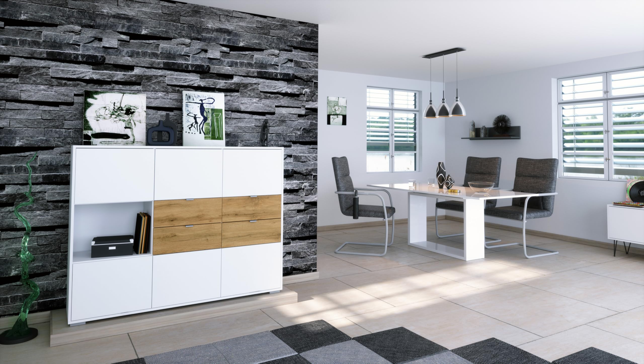 Vladon Highboard Milano V2, Sideboard mit 6 Türen Weiß matt und 4 Schubladen Eiche Evoke, Made in Germany, Korpus Weiß matt (152,5 x 118x 37 cm)