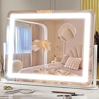 HNV 22"x17" Vanity Mirror with Lights, LED Makeup Mirror with 3 Color Modes & Dimmable Touch Control, 360° Rotation, Aluminum Frame, Large Lighted Mirror for Bedroom or Dressing Table