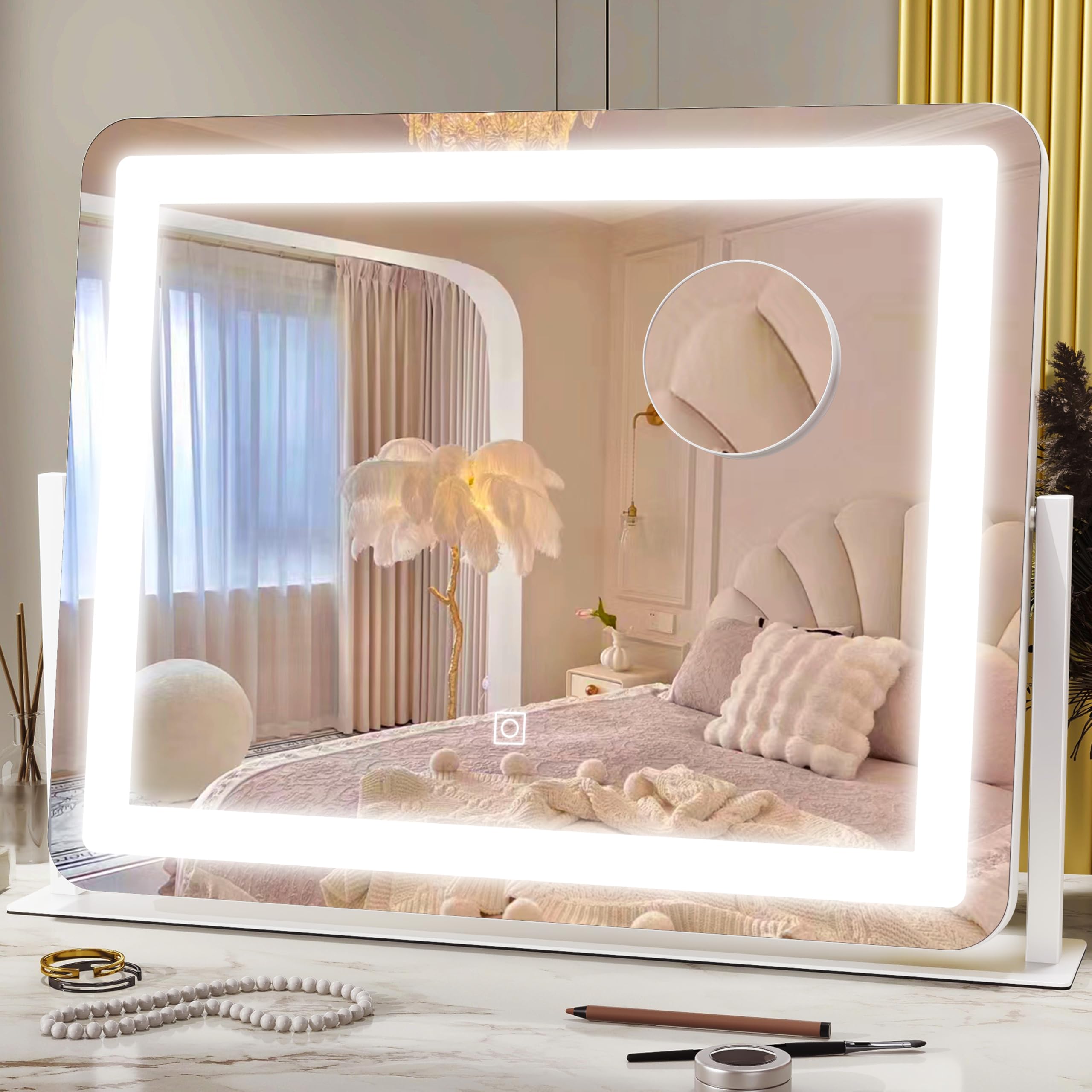 22"x17" Vanity Mirror with Lights, LED Makeup Mirror with 3 Color Modes & Dimmable Touch Control, 360° Rotation, Aluminum Frame, Large Lighted Mirror for Bedroom or Dressing Table