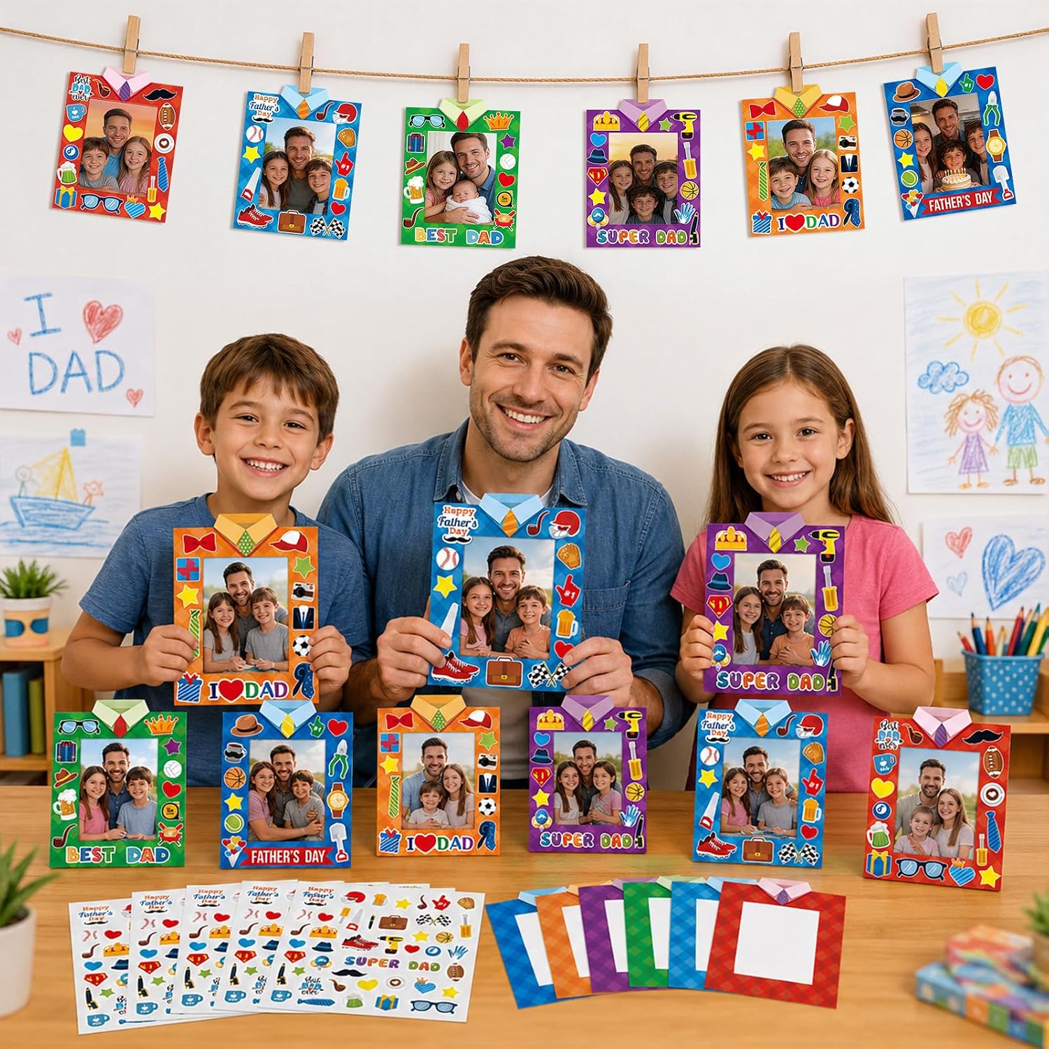 30 Packs Father's Day Picture Frame Craft with Sticker Happy Fathers Day DIY Craft Art Fathers paper photo frame Personalized Gifts for Father Dad Party Decoration Favor Home Classroom Game Activities image 4