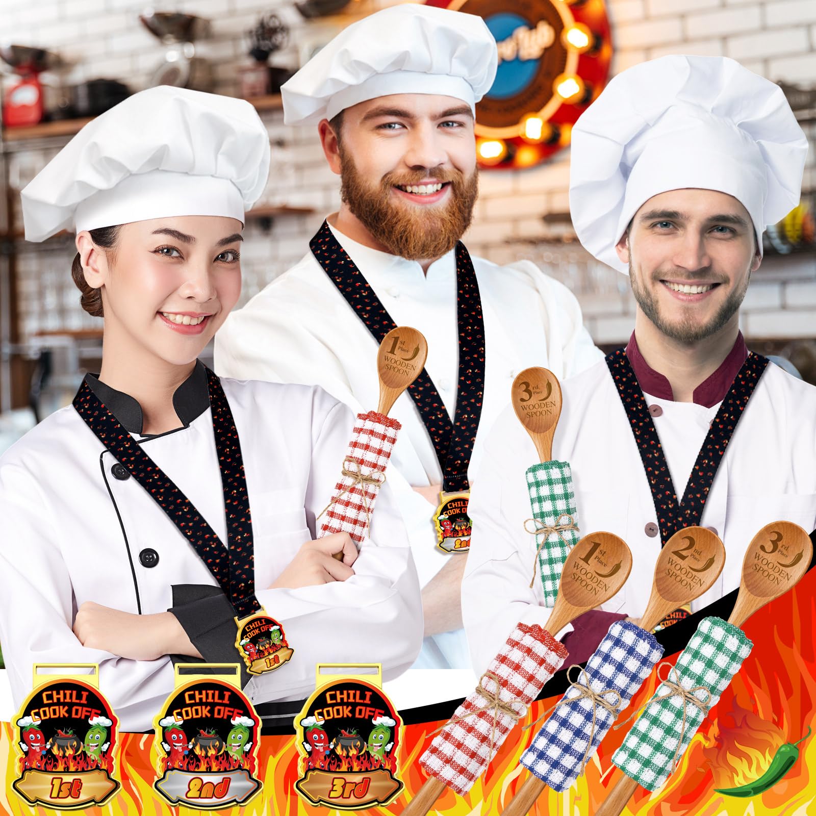 Quelay 9-teiliges Chili-Kochtrophäen-Set, Metallmedaillen, Holzlöffel zum Kochen, Baumwolltücher, Chili-Kochen, Dekorationen, Kochen, Geschenke für Männer, Frauen, Festivalbedarf