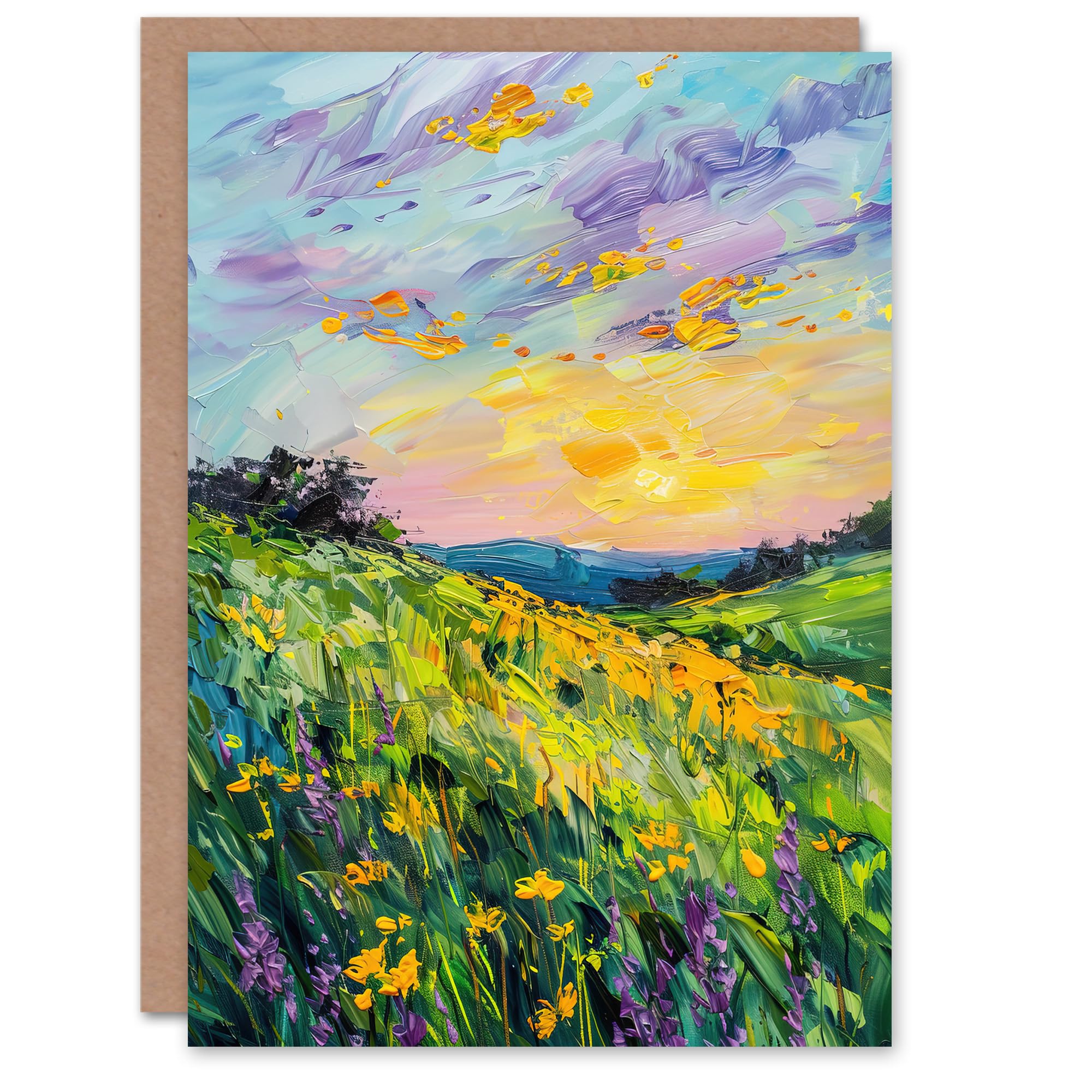 Artery8 Lavender Daffodil Meadow Sunset Oil Painting Greeting Birthday Card Him Her All Blank