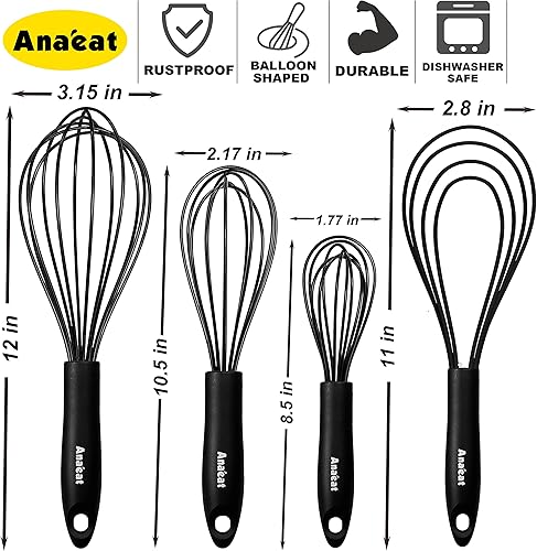 Miniatura 7 de Anaeat Juego de 4 batidores de cocina de silicona, perfectos para utensilios de cocina antiadherentes, batidor de huevos, batidora de leche para