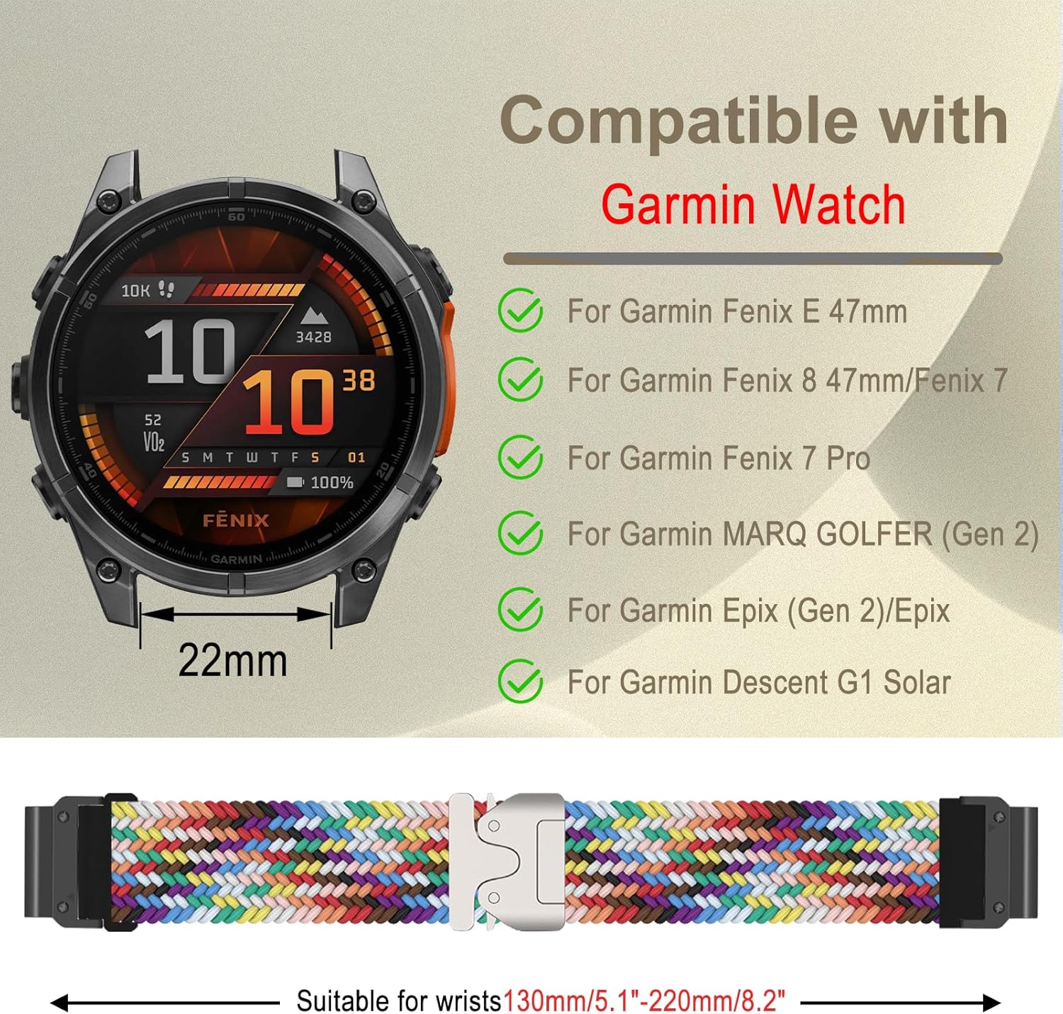 Nylon Band for 47mm of Garmin Fenix E/Fenix 8 Pro/Tactix 8/Quatix 8/D2 Mach 2, 22mm QuickFit Stretchy Braided Nylon Sport Strap for Garmin Quatix 7 Pro/6/6 Titanium, Descent G2 - Rainbow - Image 4